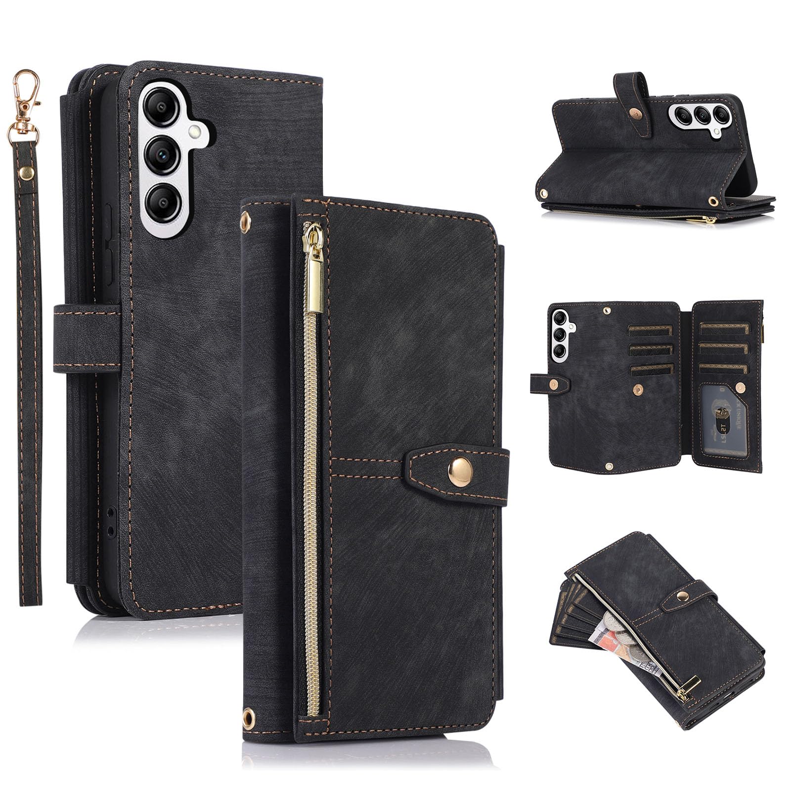 UEEBAI Etui do Samsung Galaxy S23 FE 5G, 9 przegródek na karty, retro, skórzane, z klapką, odporne na uderzenia, z paskiem na rękę, funkcja stojaka, zamek błyskawiczny, zapięcie na magnes, retro