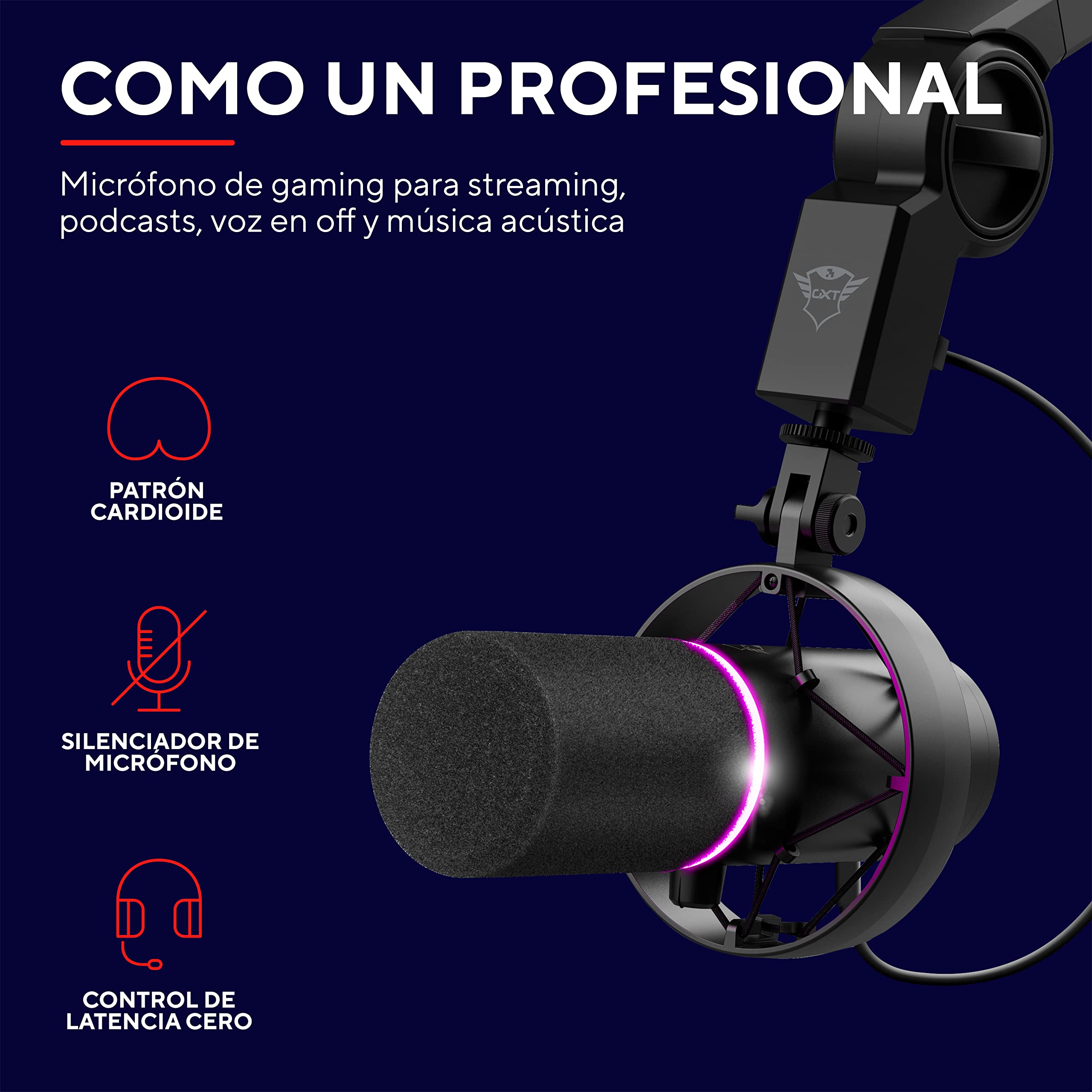 GXTrust 255+ Onyx Micrófono Profesional con Brazo, Patrón Cardioide, con Filtro Pop, USB, LED, para Grabación, Podcasting, Streaming, Radiodifusión, Negro