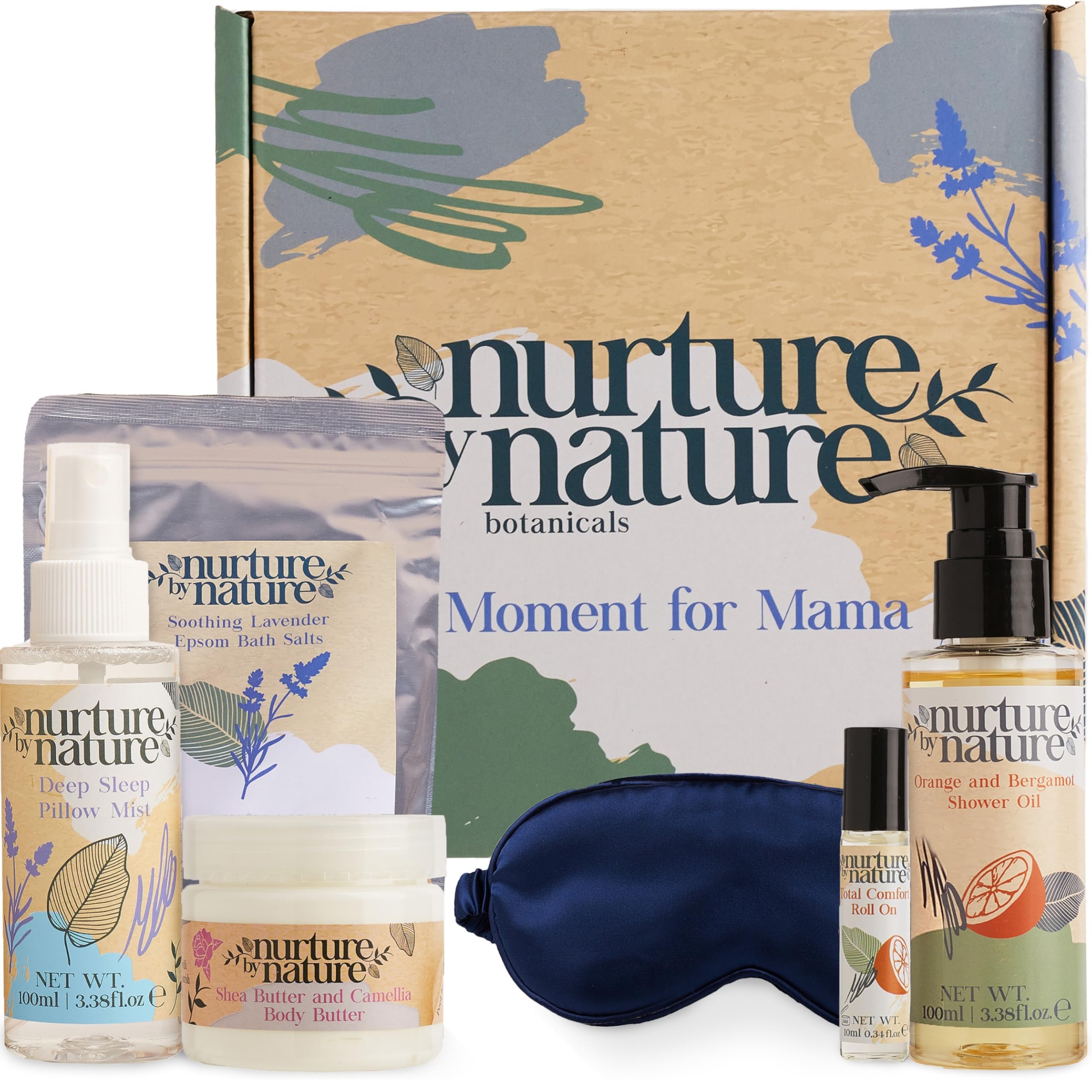 Nurture by Nature Regalos para mamá Manteca corporal Aceite de ducha Roll-on aceite esencial Sales de baño Epsom Máscara de seda para ojos Embarazo