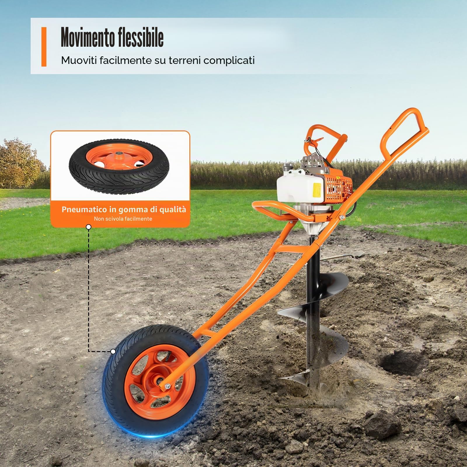 Trapano a benzina a 2 tempi, 63 CC 2,2 KW con ruote, trapano a benzina, trapano a terra con punte per trapano Ø 300 mm, punte per trapano da giardino Earth Auger con carriola (arancione)