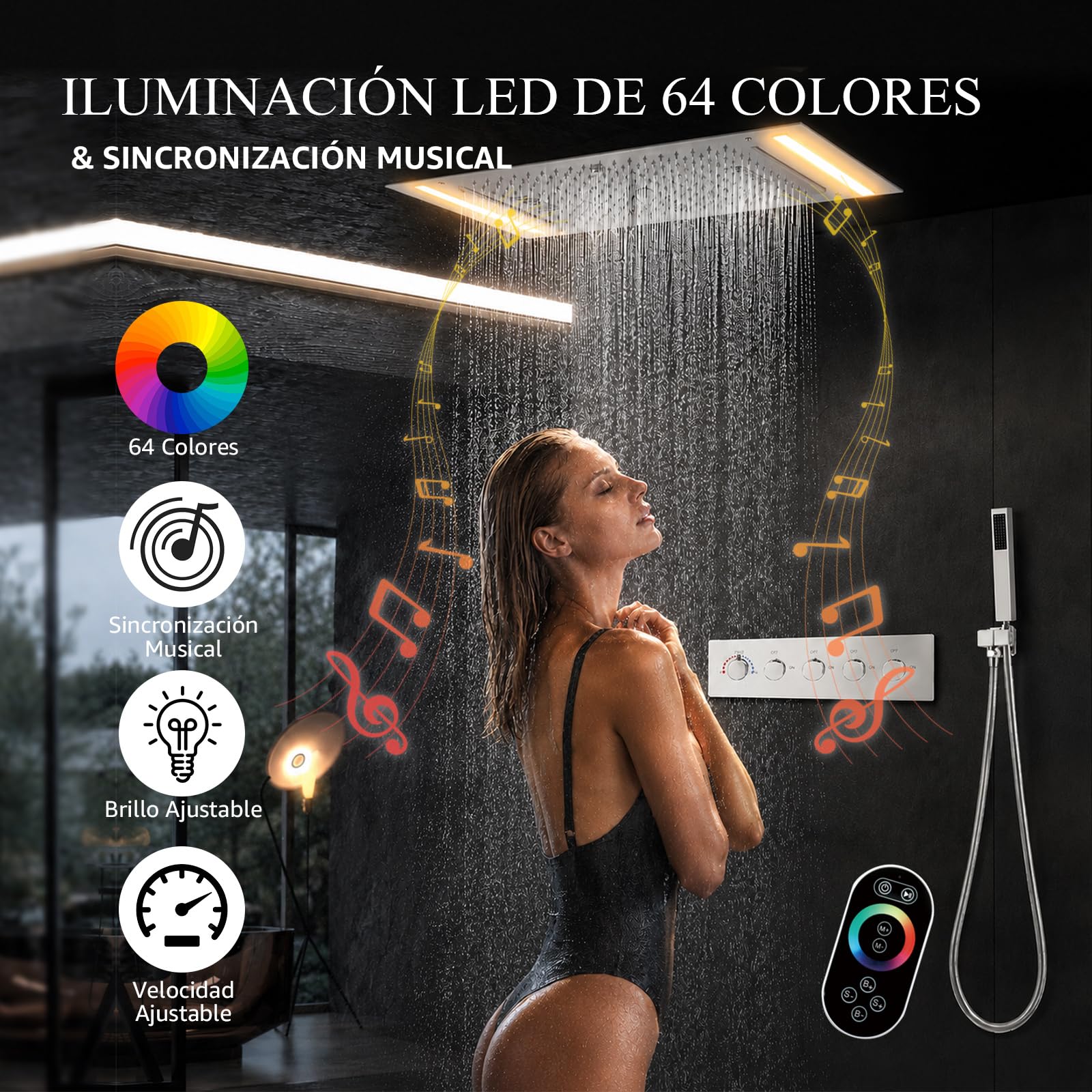 Columna Ducha Termostática con LED, Sistema de Ducha Música Empotrada RGB 64 Colores, con Ducha de Mano, el 5 Modos Cabezal de Ducha De 638 X 338 mm, Latón y Acero Inoxidable (Dorado)