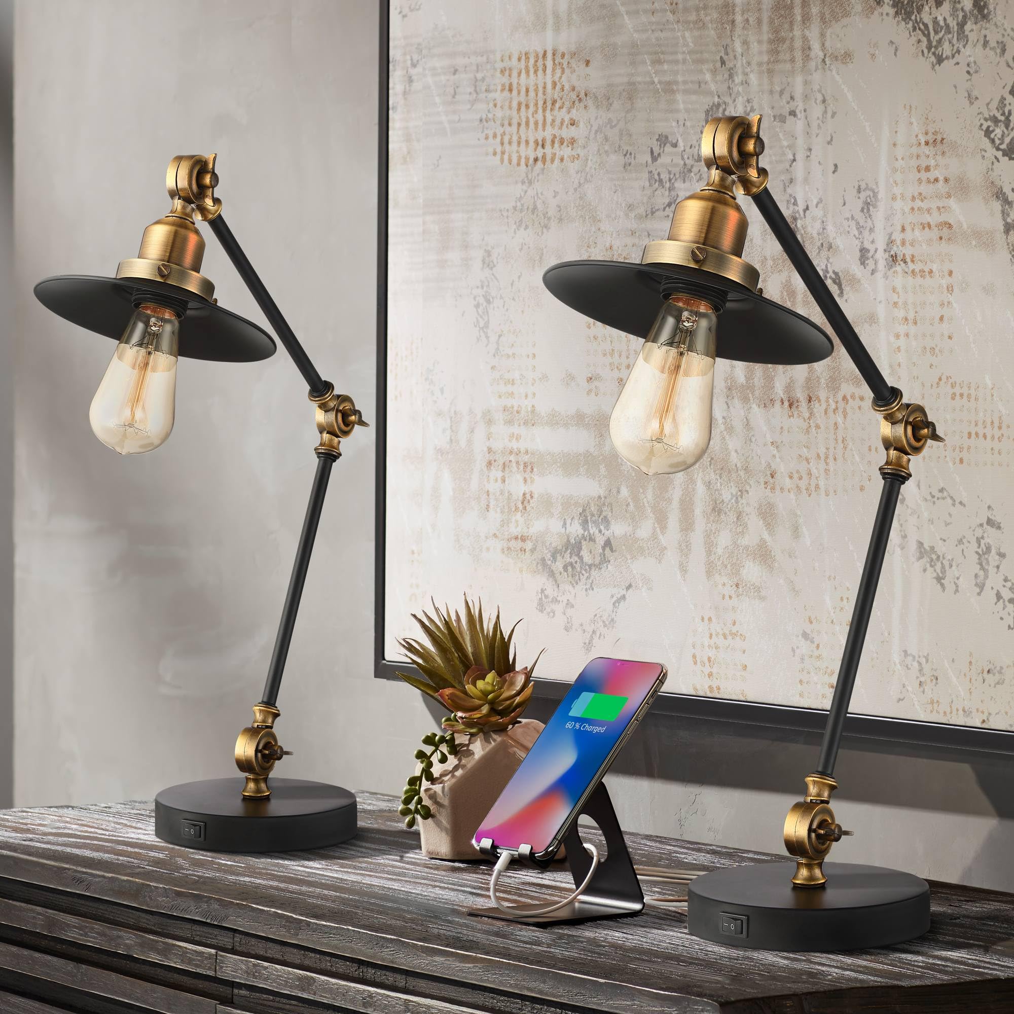 360 Lighting Taurus 20" High Small Farmhouse Rustic Industrial Traditional Desk Lamps Set of 2 USB Ports Adjustable Black Gold Shade Home Office