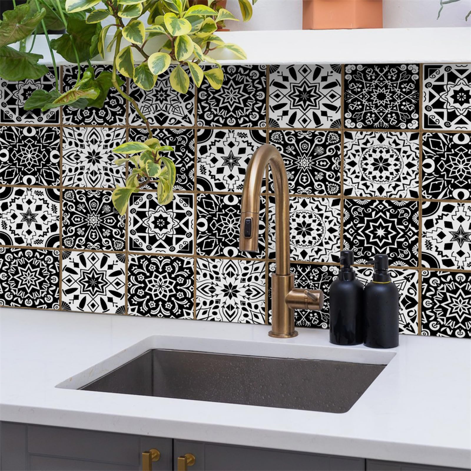 Tile Decals, Black Print Peel and Stick Wall Stickers PVC Decorative for Kitchen Washroom Bedroom,Floor Tiles(15X15CM/24PCS)