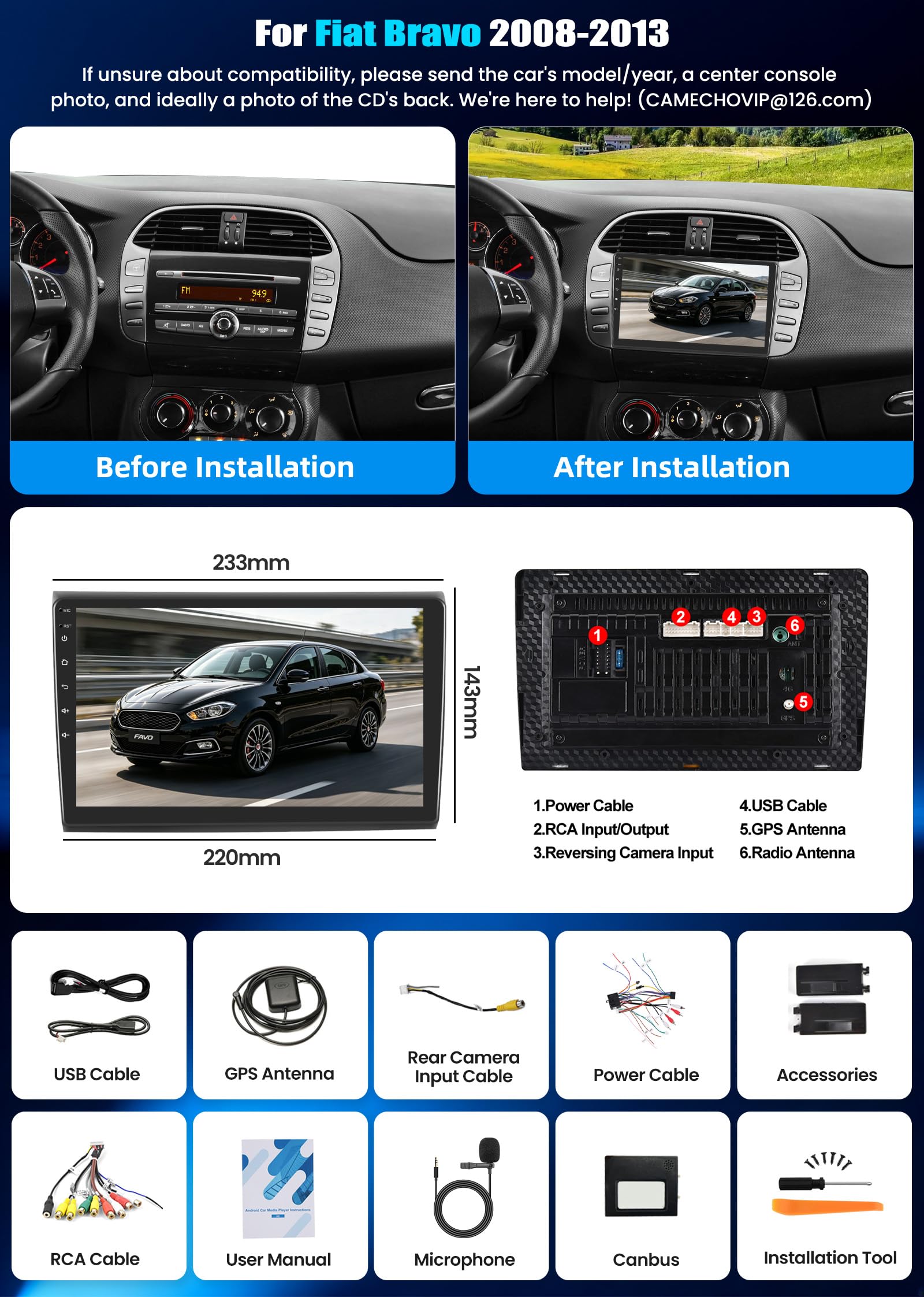 CAMECHO 2+64G Android 15 Carplay Autoradio per Fiat Bravo 2008-2013, Nav Wireless Carplay Android Auto, Schermo da 9" Radio WiFi Bluetooth Mirror Link FM/RDS EQ GPS