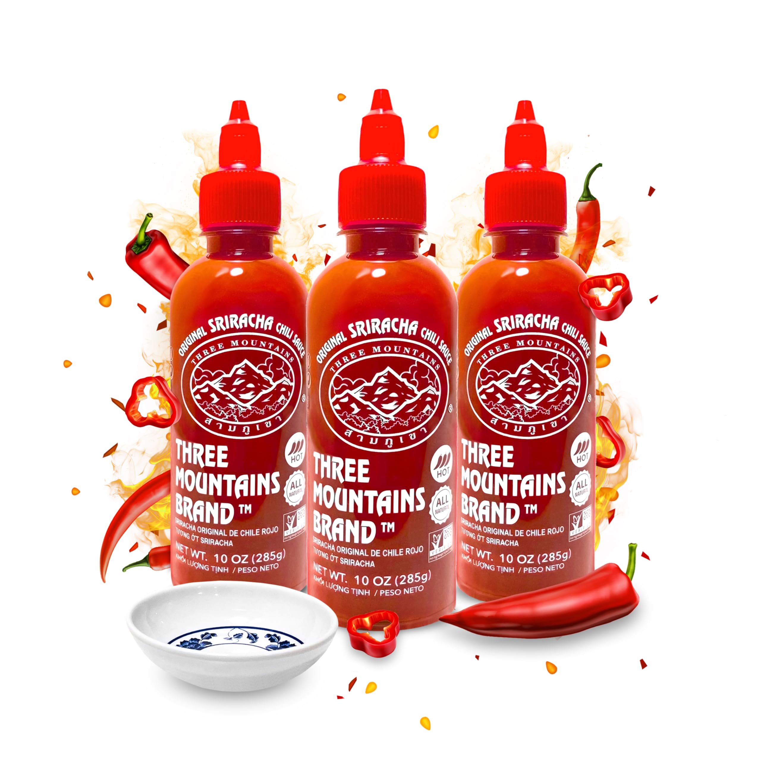 Pack of 3 Original Red Sriracha Chili Sauce with Bonus Dipping Sauce Dish - ALL NATURAL, NON GMO, NO PRESERVATIVES, NO ADDED MSG, NO ARTIFICIAL FLAVORS OR COLORS, Gift Set