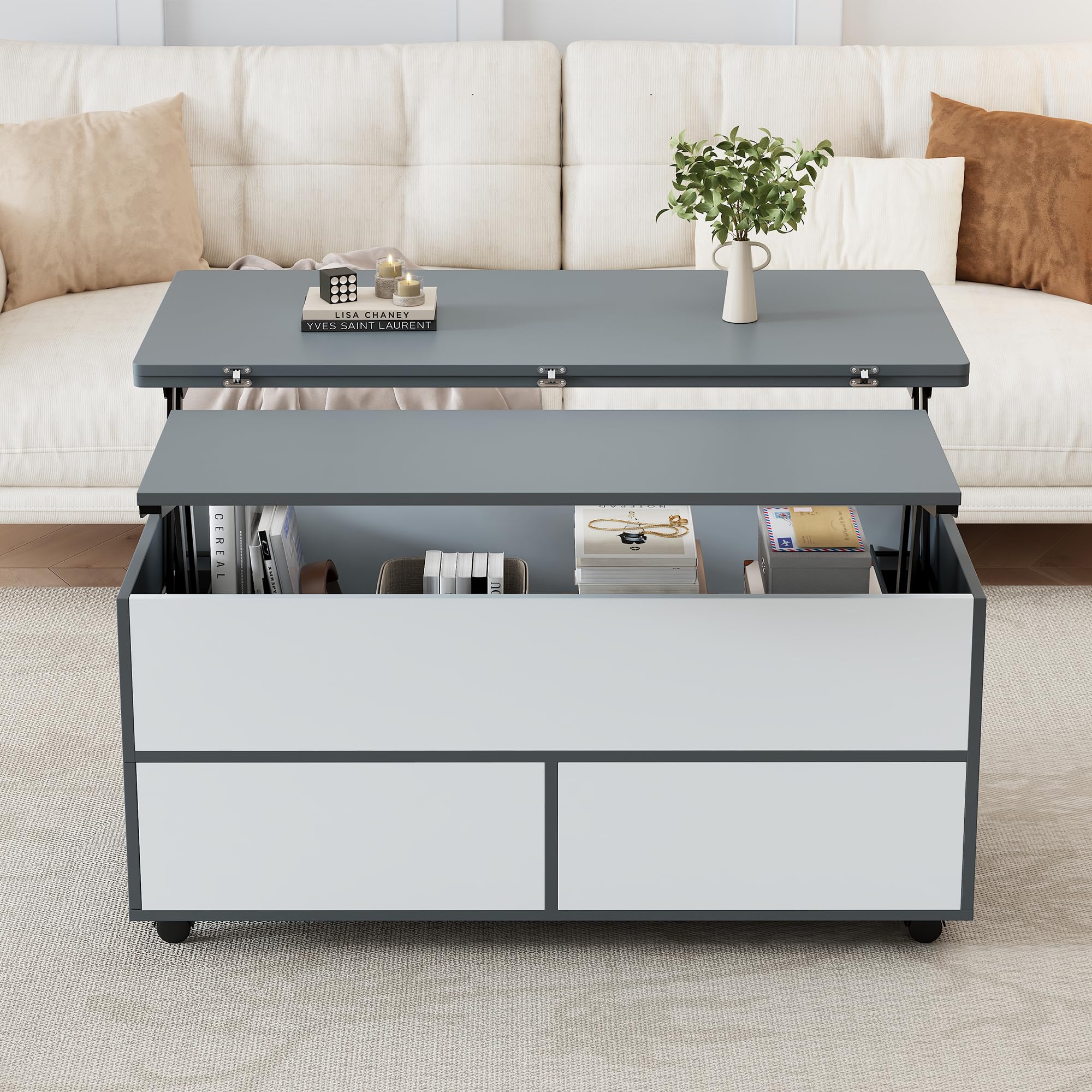 Mesa de café regulable en altura con espacio de almacenamiento oculto y estante, mesa de salón con ruedas y cajones, mesa de comedor multifuncional con espacio de almacenamiento, empalmes gris-blanco
