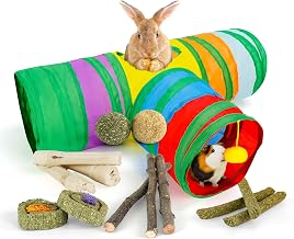 Bunny Tunnels & Tubes Collapsible 3 Way Rabbit Hideout with 13pcs Toys for Bunny Guinea Pig Hamster Chinchilla Hedgehog Rat Ferret Kitten (Colorful)