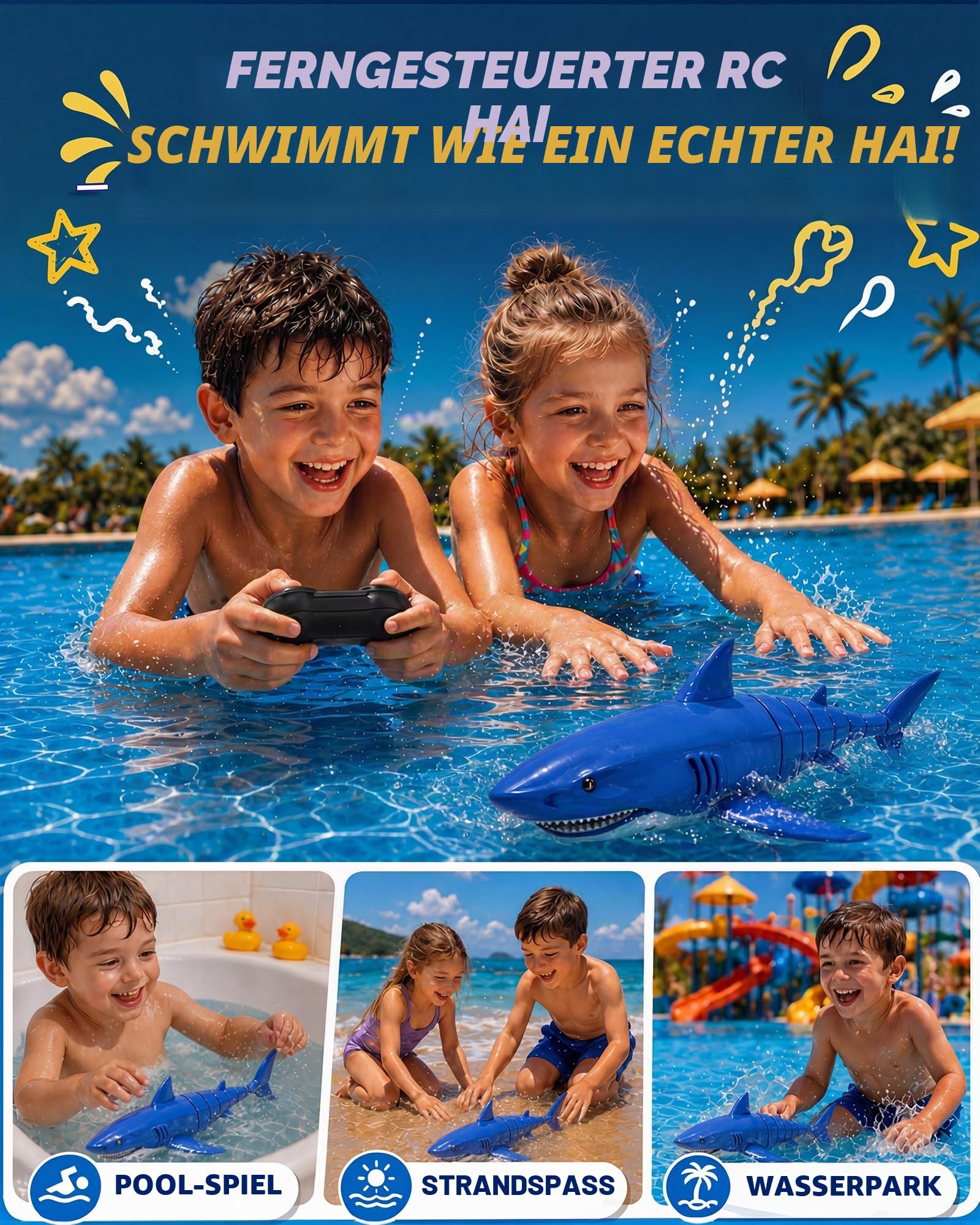 2.4G Ferngesteuertes Hai-Spielzeug mit LED-Augenleuchten, wiederaufladbares RC-Hai-Boot, IPX7 wasserdichtes auslaufsicheres Batteriefach, für Kinder 3-12 Jahre, ideal für Pool, Bad & Partys