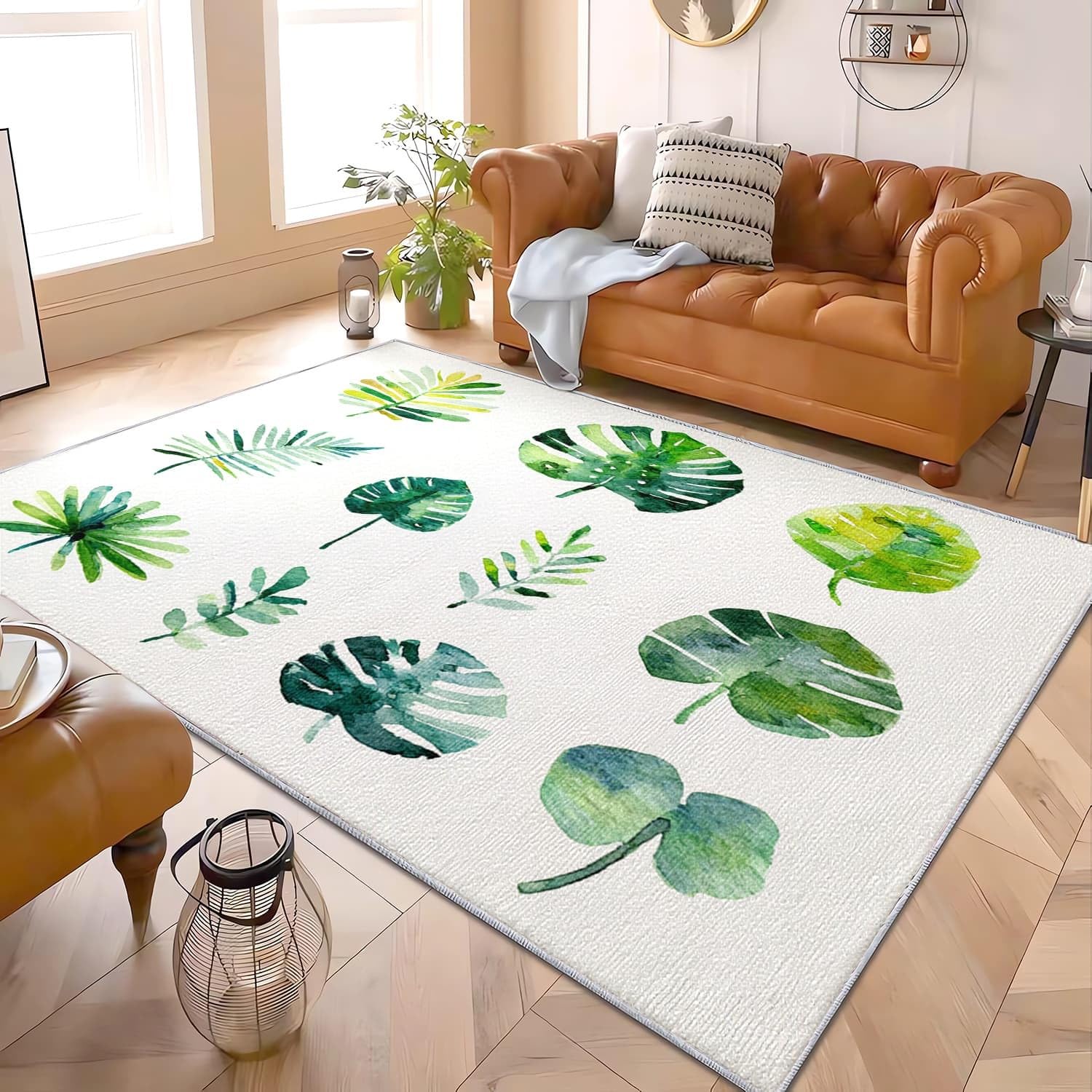 Dywan do wnętrz 120 x 170 cm malowana tropikalna monstera pyszne dywaniki z krótkim włosiem antypoślizgowe zielone nowoczesne dywany do salonu, wejścia, jadalni i strefy przejściowej