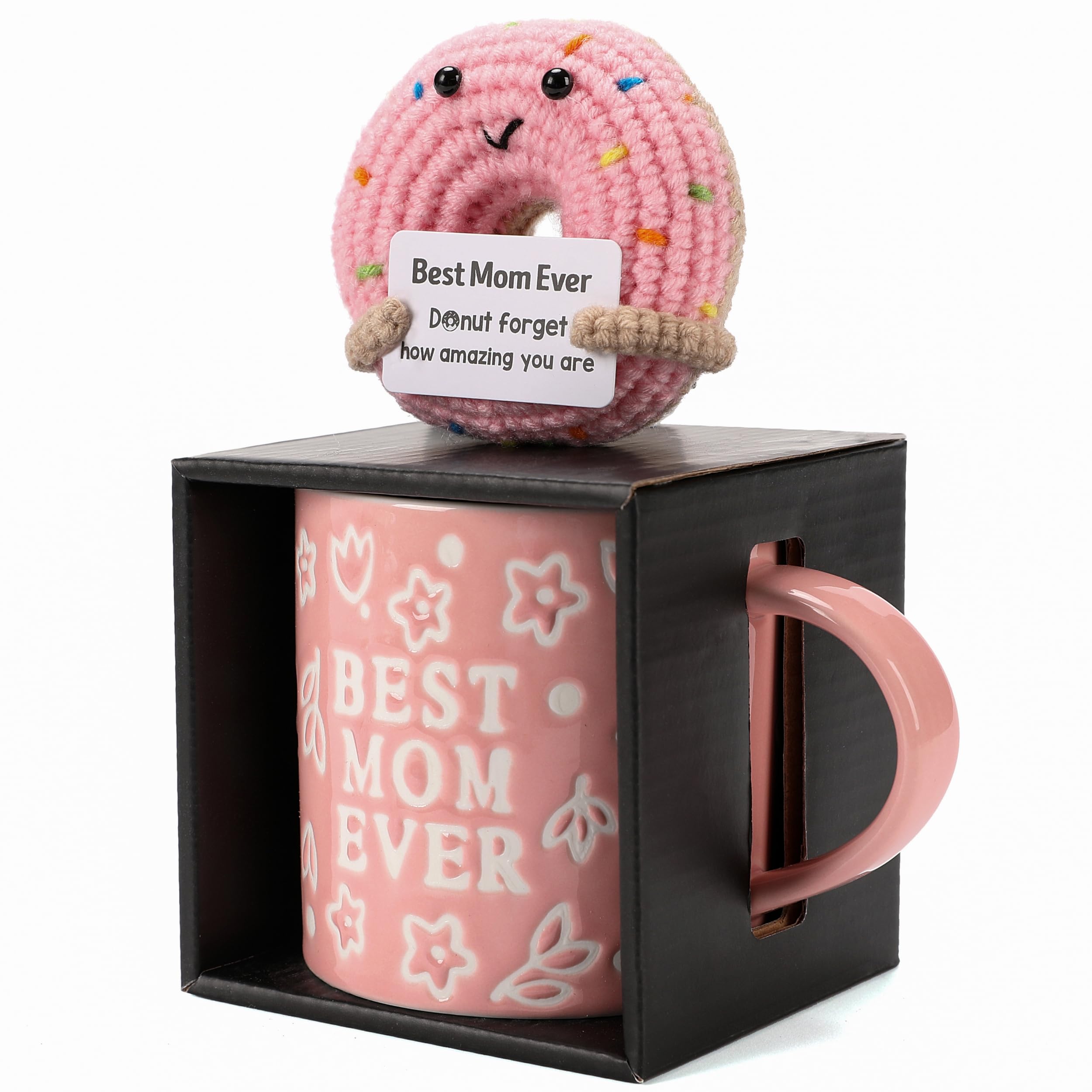 Mothers Day Gifts, Best Mom Ever Gifts for Mom from Daughter, Pink Floral Embossed Pattern Mother's Day Mug and Handmade Donut Crochet Gifts Set