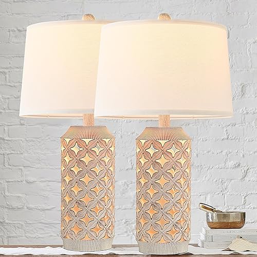 Juego de 2 lámparas de mesa auxiliar de 23 pulgadas con base de resina, lámparas de noche blancas para mesita de noche, lámpara de mesa de extremo