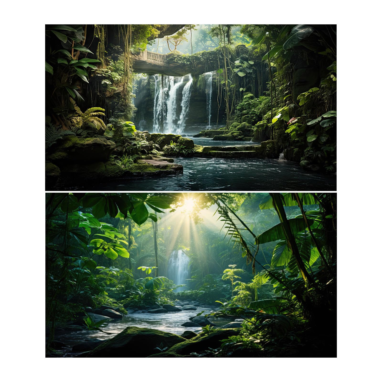 2 Packs Tropical Waterfall Aquarium Background Jungle Rainforest Fish Tank Background Rock Moss Flowing Stream Green Trees Plants Stone Bridge Cascading Falls Reptile Tank Backgrounds Poster 24x12in