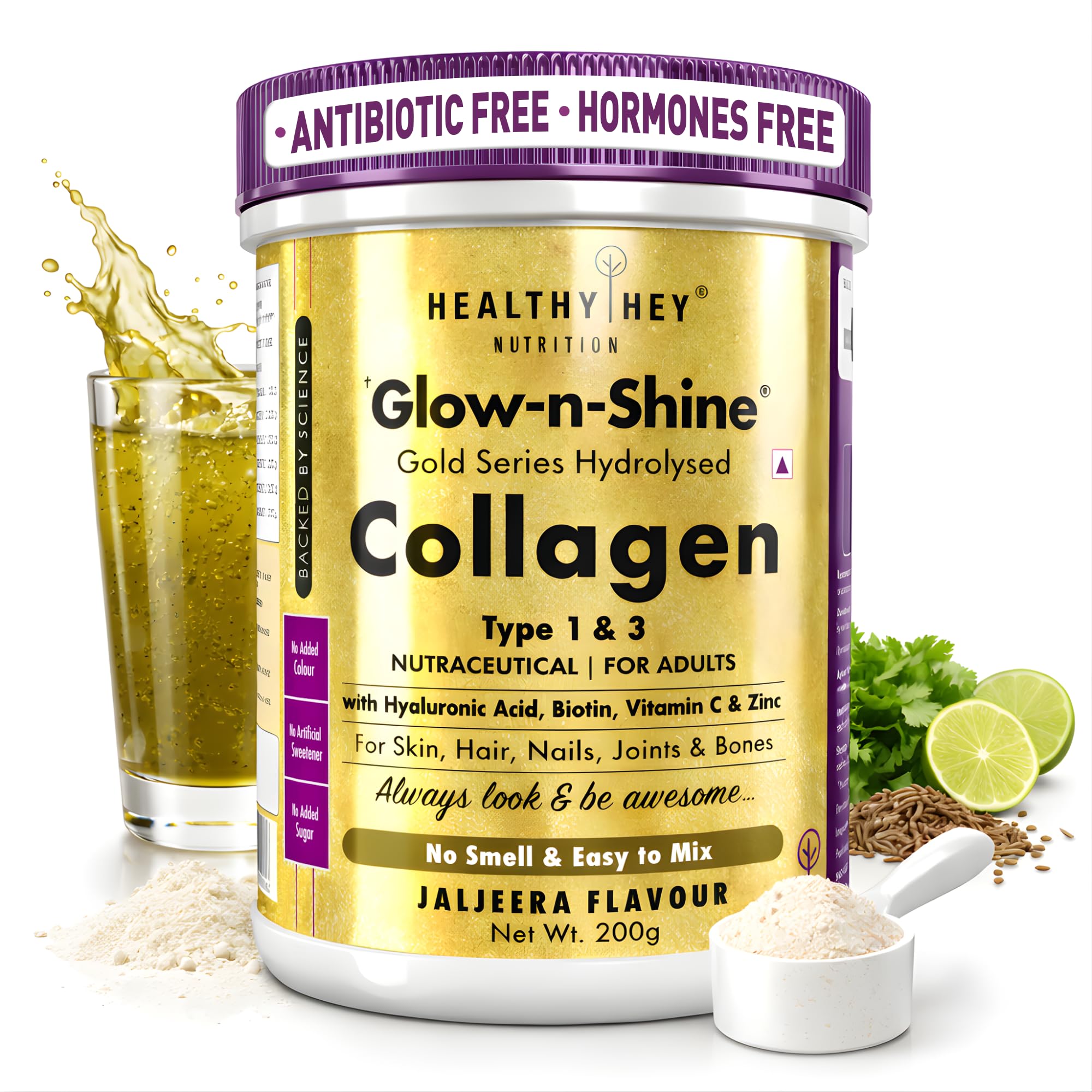 Collagen Gold Series with Hyaluronic Acid & Vitamin C - No Smell - Easy to Mix - No Added Sugar Or Sweetner - For Skin, Hair & Nails (Jaljeera, 200gm) (Jaljeera)