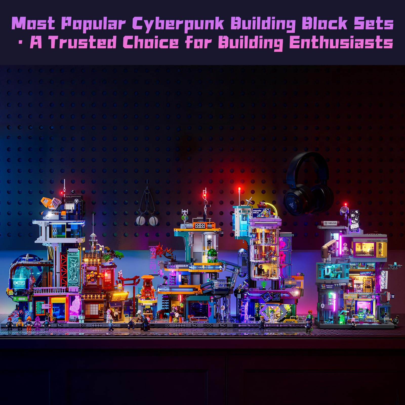 Lumibricks Cyberpunk Mega-Stadt-Bundle mit LED – Körpermoden-Shop (2701 Teile) & Schwebender Bahnhof (2760 Teile), 2 beleuchtete Modelle für Erwachsene