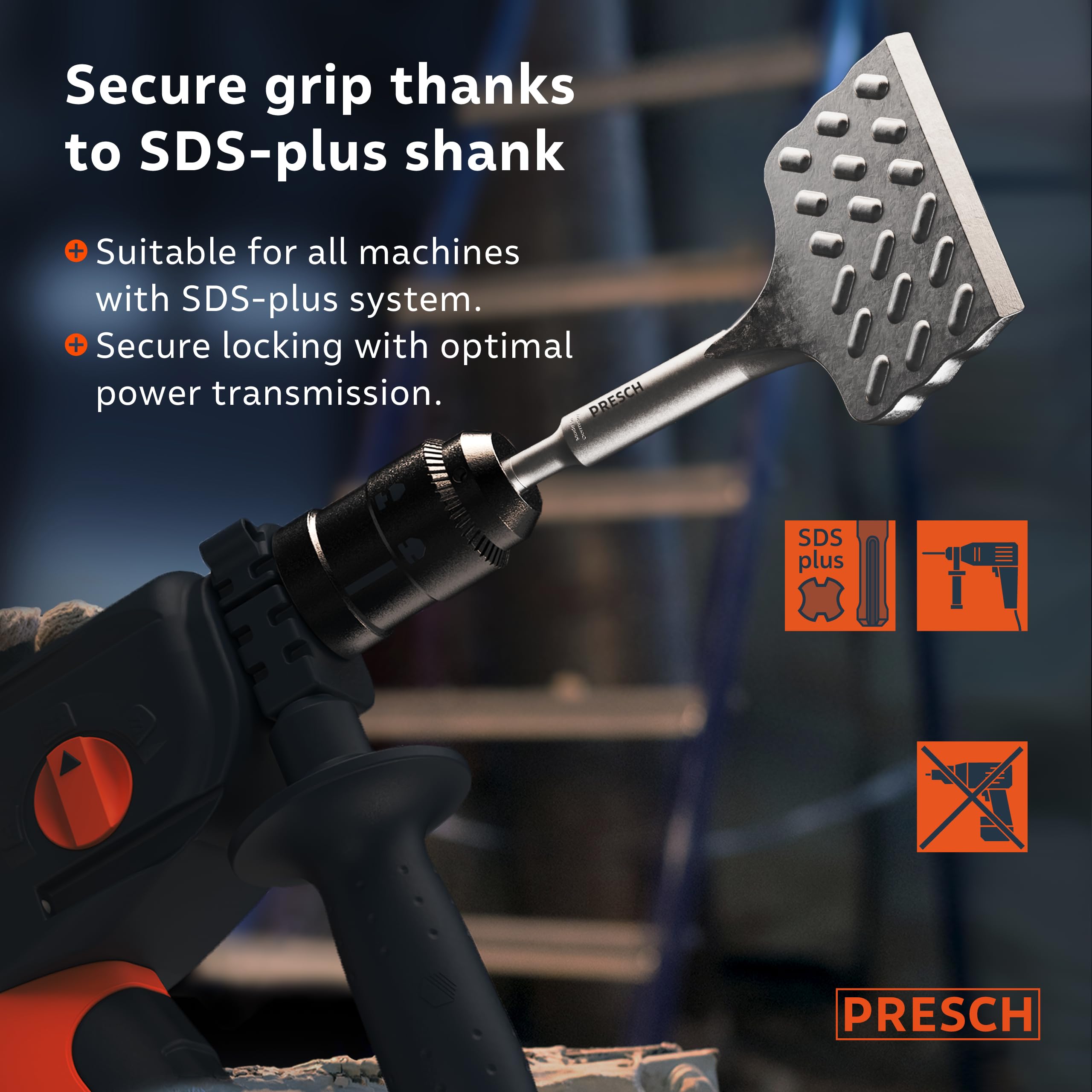 PRESCH Dłuto do płytek SDS plus - B75mm x L165mm - Kątowe 28° - Profesjonalna stal narzędziowa (42CrMo) - Niezwykle wytrzymałe - Do płytek i kleju do płytek - Dłuto do młotów obrotowych