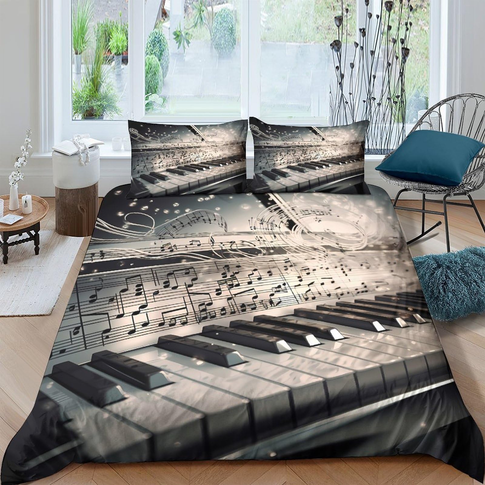 Ctjqhvkz Style-5 3D Printed Piano Keys Fitted Sheet Microfiber Soft Breathable Music Notes Mattress Cover Bedroom Decor Single（135X200cm）