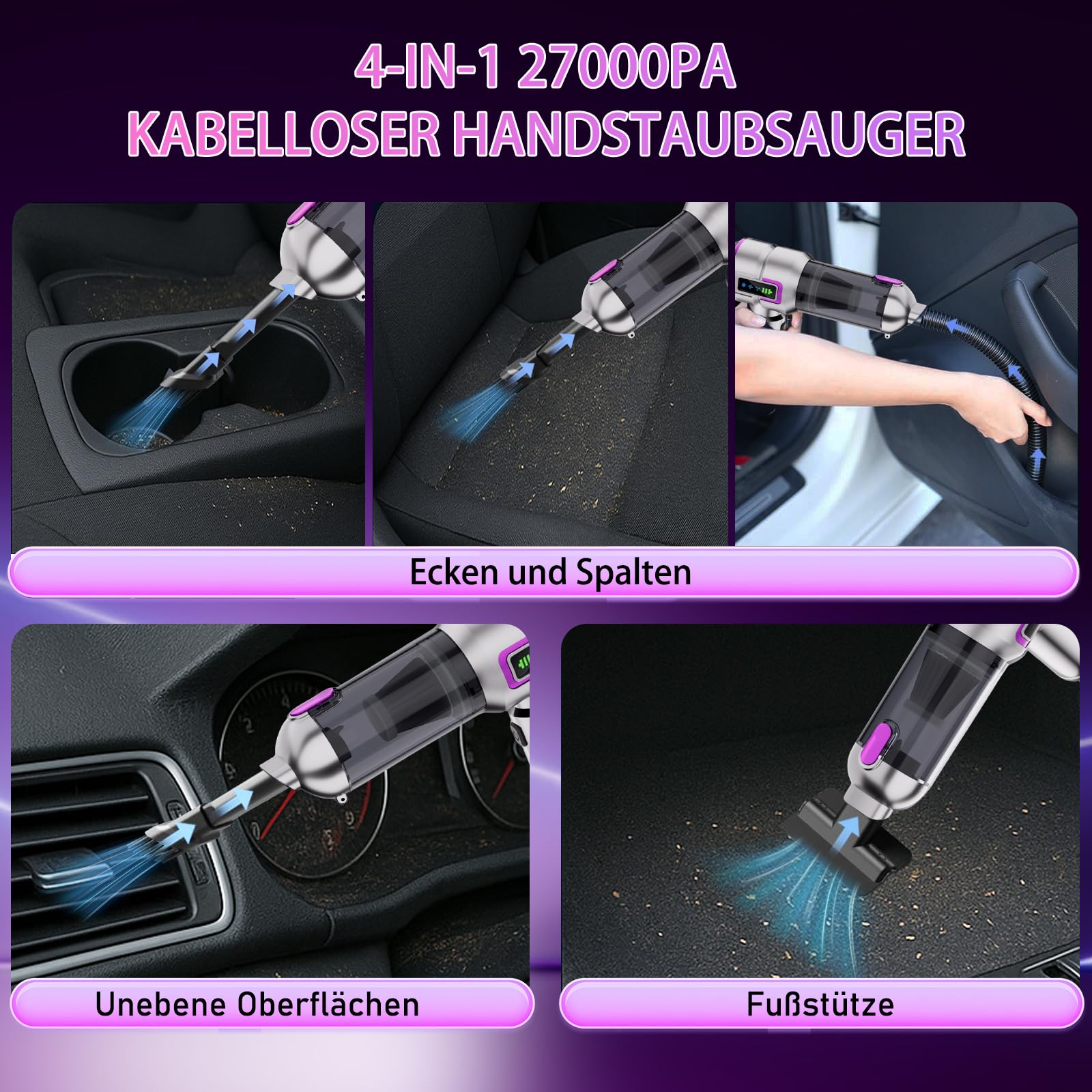 Handstaubsauger Akku, Autostaubsauger Kabellos 27000Pa Mini Staubsauger, Aufladbar Tragbar Leicht Auto Staubsaug Stark, 220000 U/min Elektrische Staubgebläse für den Auto, Küche,PC, Sofa