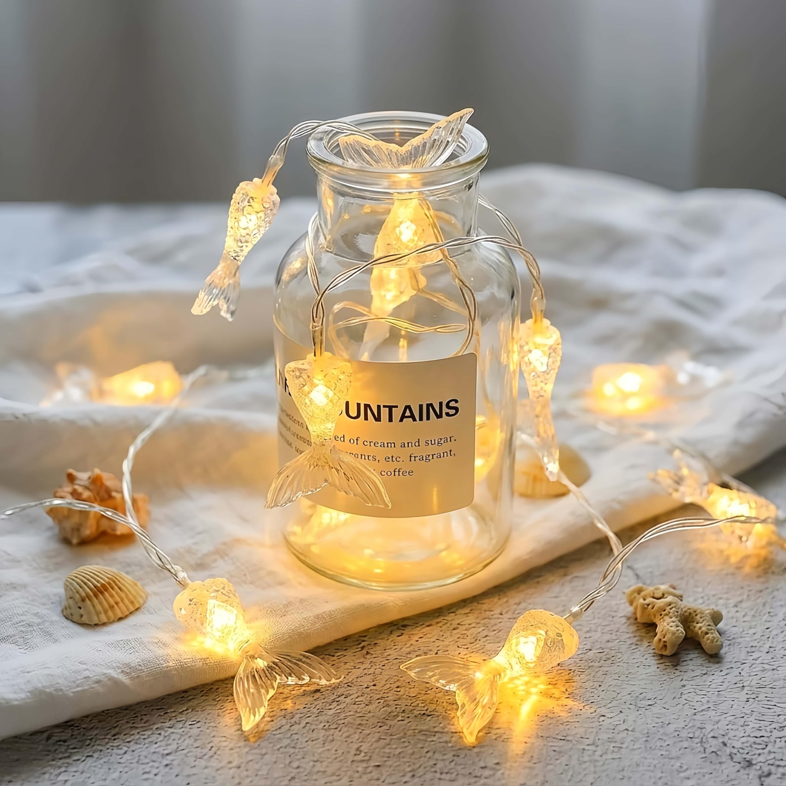 Hhmtaka Warm White Mermaid String Fairy Lights Battery Operated 20 Led 3M Ocean Fairy String Lights Mermaid Fairy Lights For Indoors,Bedroom,Christmas Decoration (Warm White)
