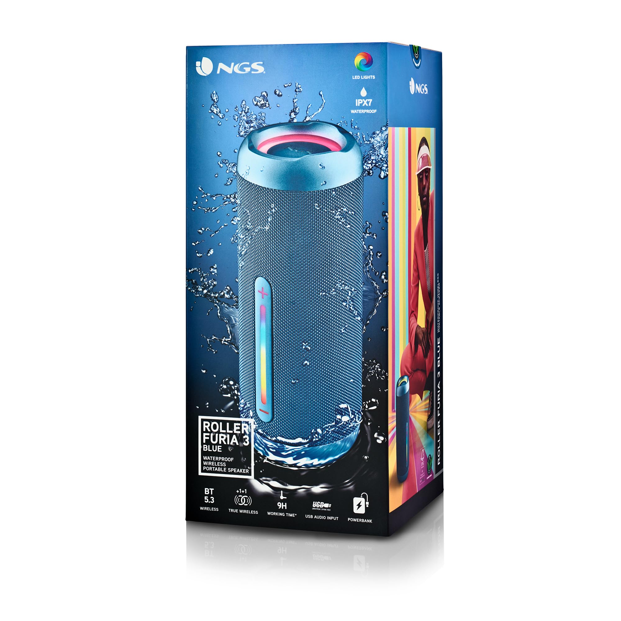 NGS Roller Furia 3 Blue - Altoparlante Wireless Compatibile con Bluetooth, Impermeabilità IPX7, 60 W, True Wireless, USB, Durata Batteria 9 Ore, Blu
