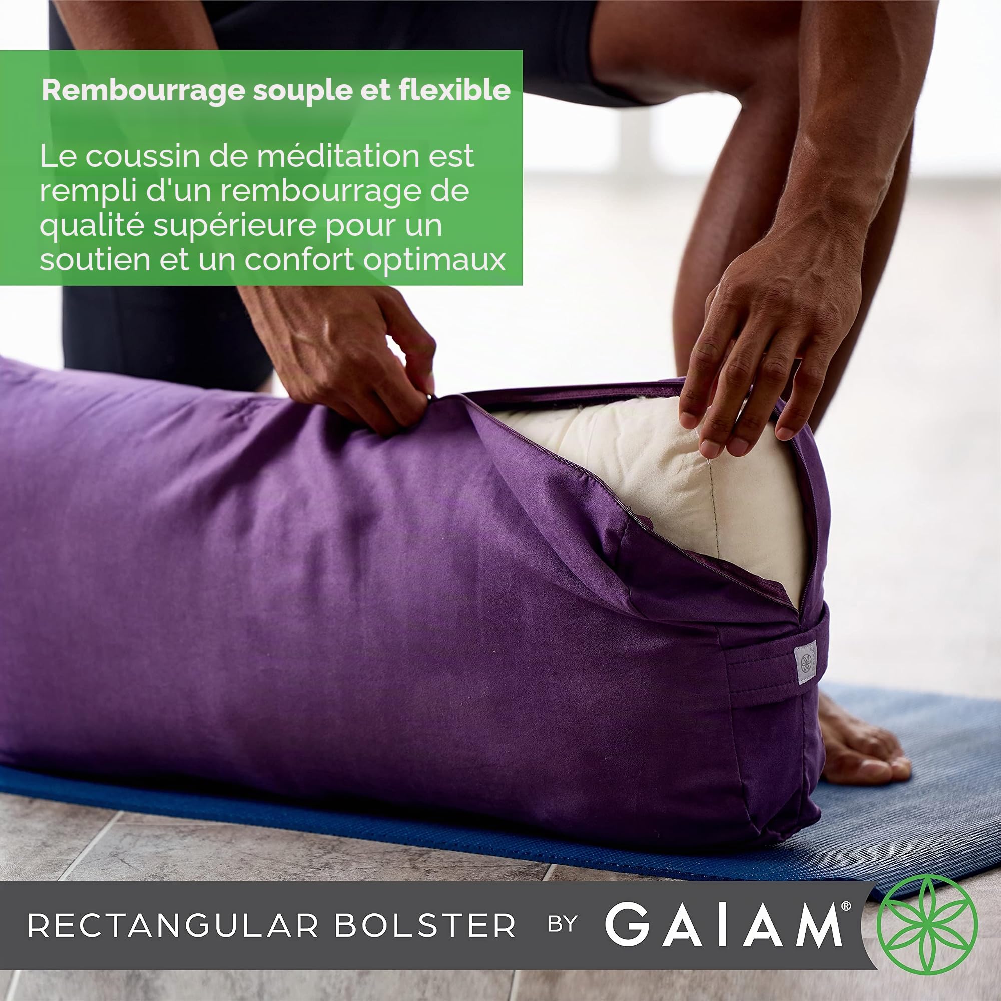 Gaiam Traversin de Yoga – Long Coussin de méditation rectangulaire – Coussin de Soutien pour Yoga réparateur et Assise sur Le Sol – poignée de Transport intégrée – Housse Lavable en Machine