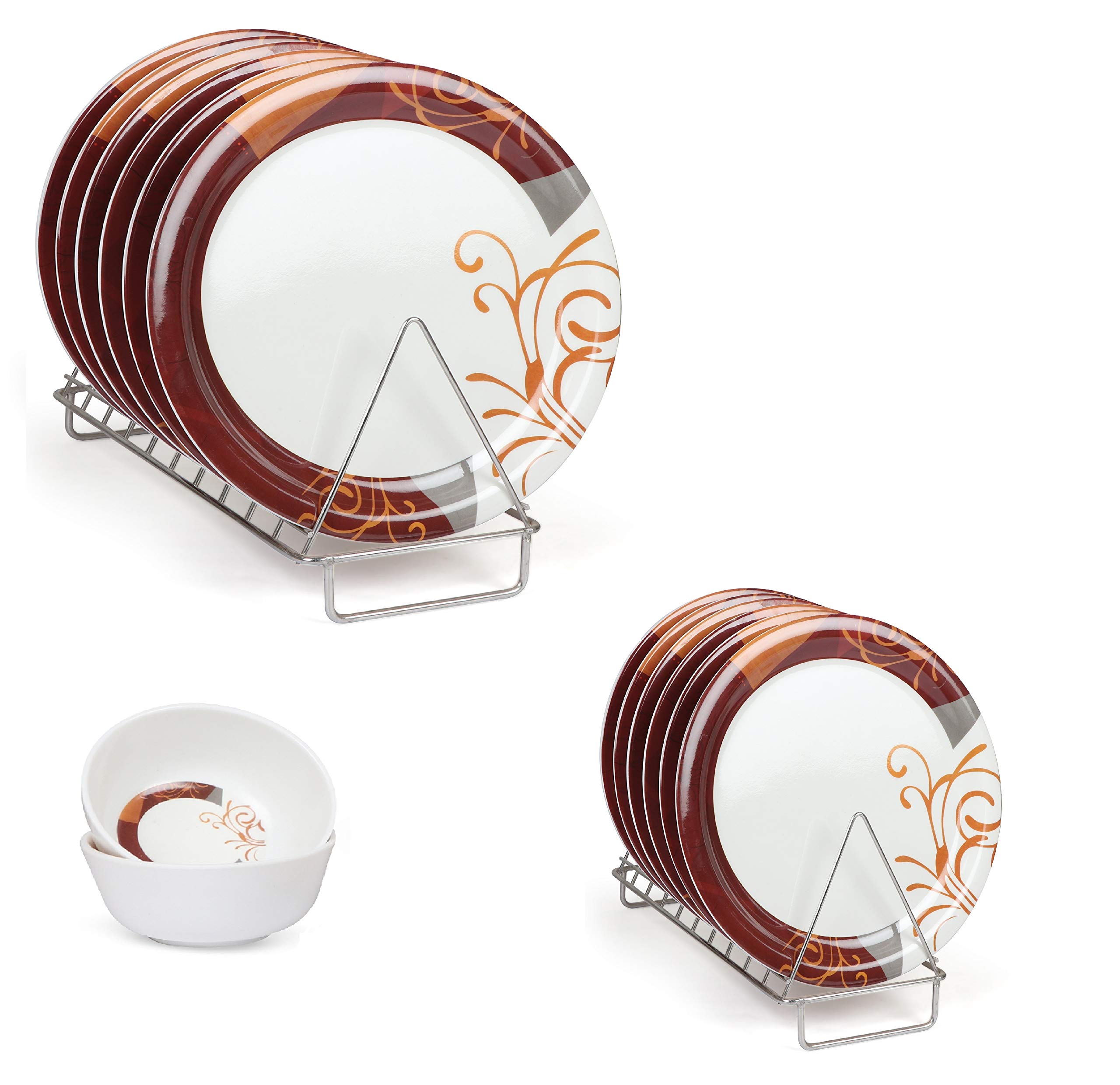 Golden Fish Melamine Border Printed Full Size Dinner Plates, Quarter Serving Plates & Serving Veg. Bowl (Set of 18; 11 & 7 Inches)