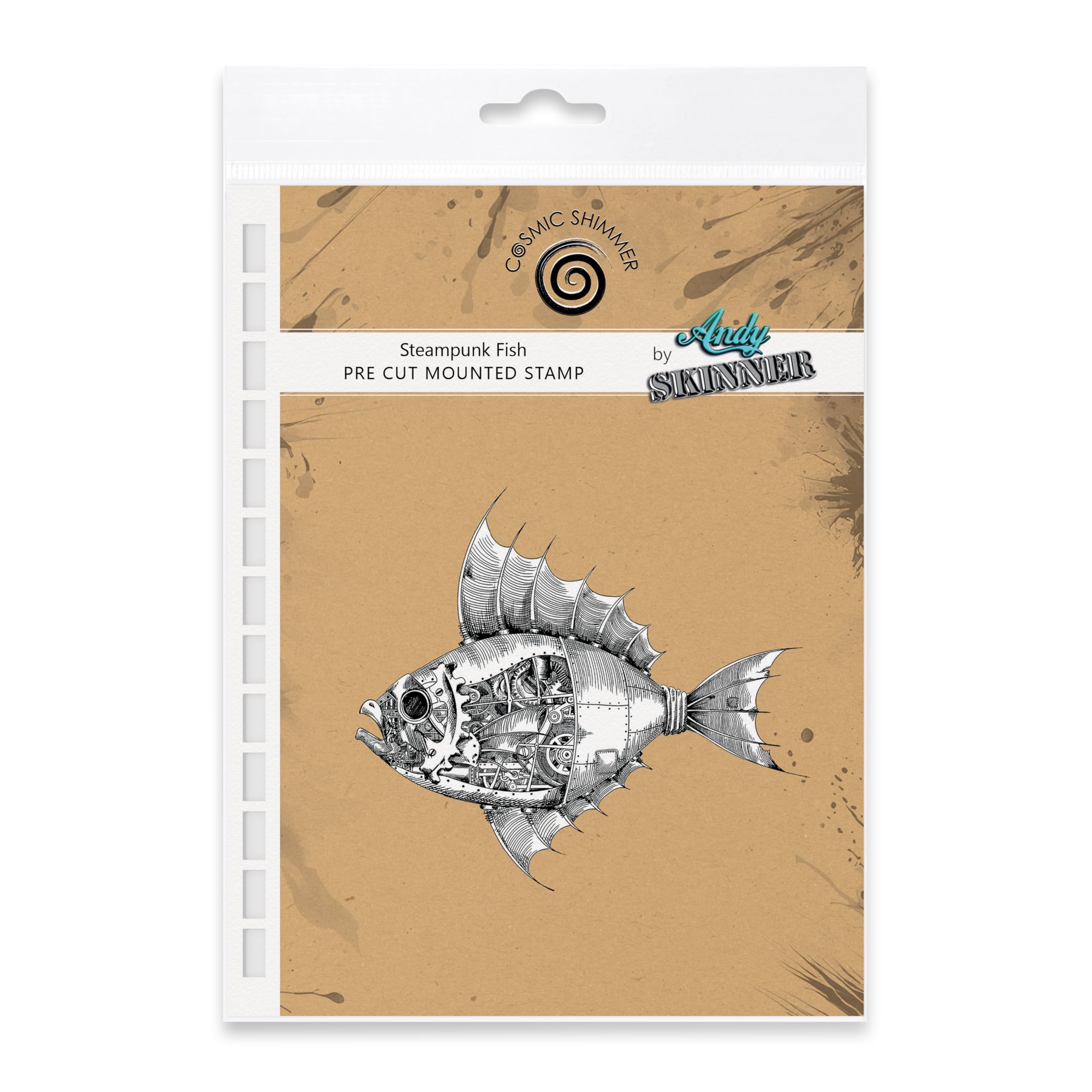 Cosmic Shimmer Steampunk Fish Pre Cut Mounted Rubber Stamp by Andy Skinner & Katy Sue. Creates a Unique Steampunk Fish for Stamping in Mixed Media, Art Journaling, Card Making. 75 x 82 millimetres