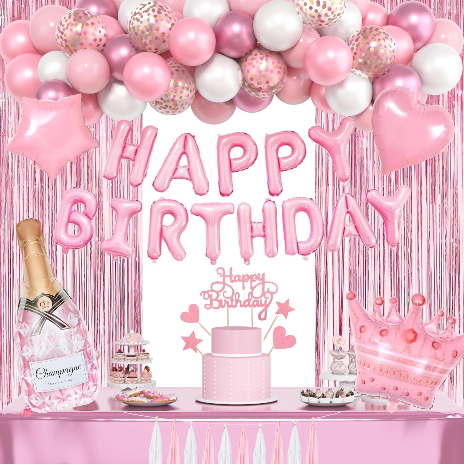 Pink Birthday Party Decorations, Happy Birthday Banner Tablecloth Cake Toppers Fringe Curtain Tassels Pink and White Confetti Foil Balloons for Girls Women Valentine Wedding Baby Shower Party Supplies - Image 7