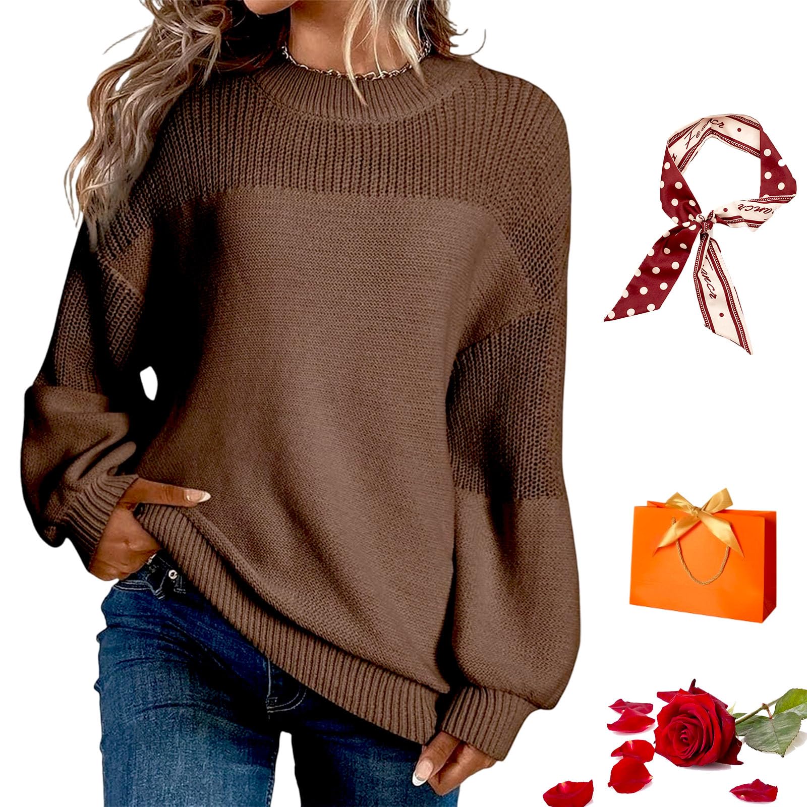RJDJ Womens Casual Long Sleeve Loose Crewneck Knit Solid Sweaters for Women Fall Winter Clothes Sweaters Fashion 2025