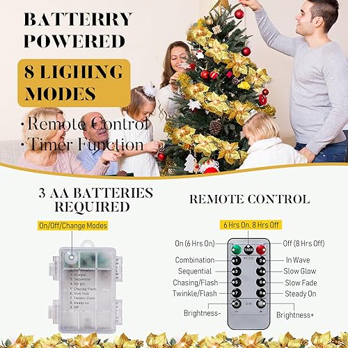 Miniatura 3 de Guirnalda de Navidad preiluminada con luces con purpurina y hojas de acebo y bayas, temporizador remoto, 8 modos, guirnalda de flores iluminada de