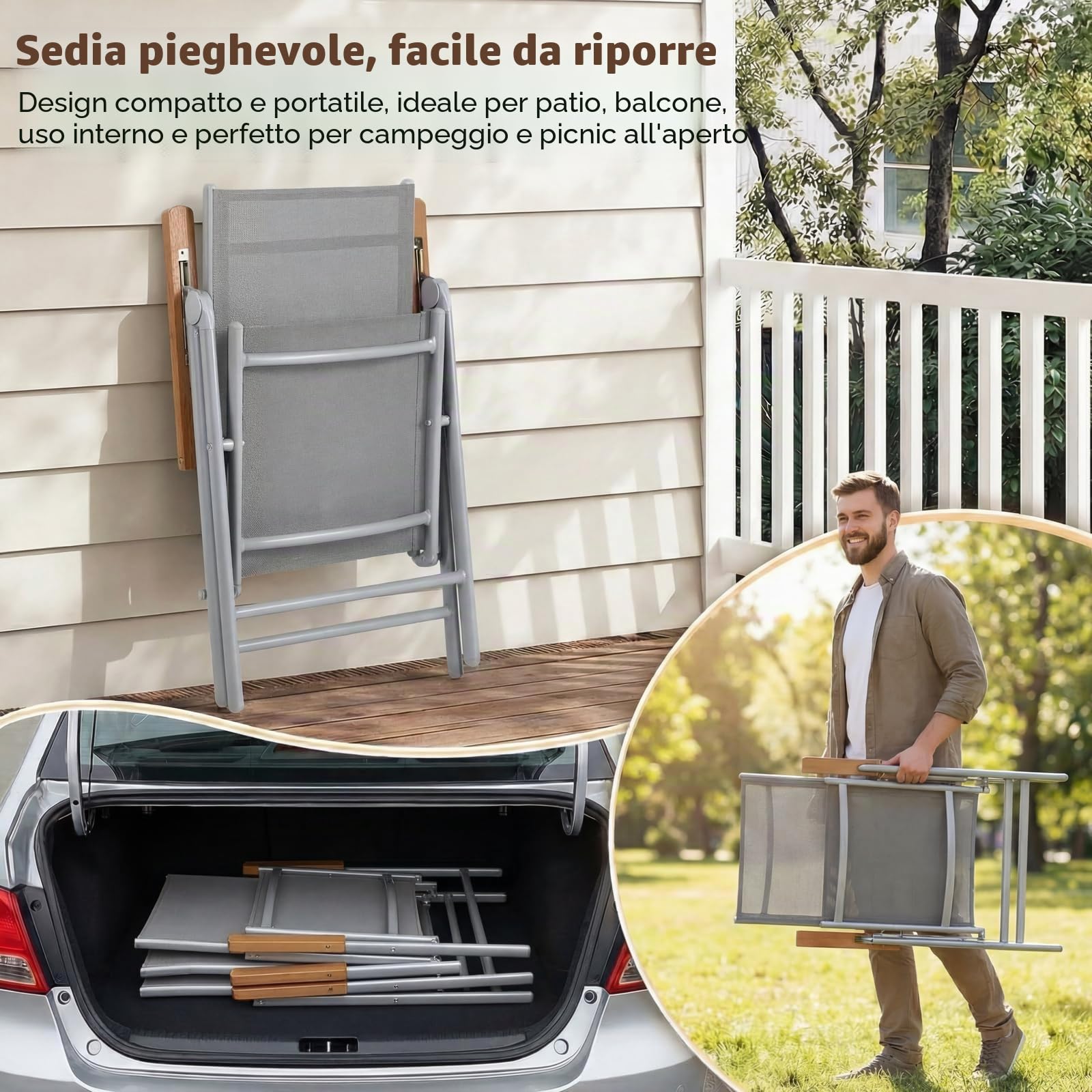 LIFERUN Set Giardino Esterno 3 Pezzis, Aluminium Tavolo da Giardino con Sedie, Tavolo e Sedie da Balcone, 2 Sedie Pieghevoli e Tavolino 75x75 cm, Salottino da Giardino, Marrone Teak+Grigio Chiaro