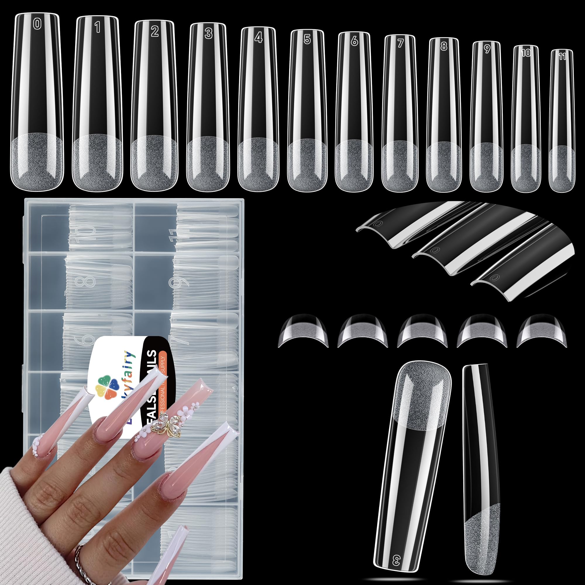 Luckyfairy XXL No C Curve Square Flat Nail Tips, 240pcs Extra Long Straight Tapered Acrylic Gel Fake Nails, Matte Full Cover Clear Press on for