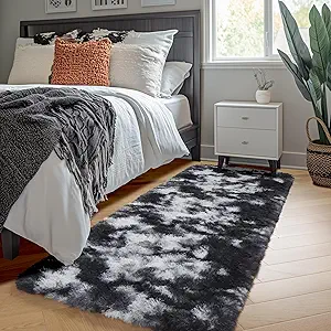 Amdrebio Black White Grey Runner Rugs 2x6 for Bedroom Living Room Decor, Fluffy Fuzzy Shag Bedside Area Rug for Kids Room Dorm Home Office, Cool Shaggy Plush Floor Modern Carpet for Teen Boys Men