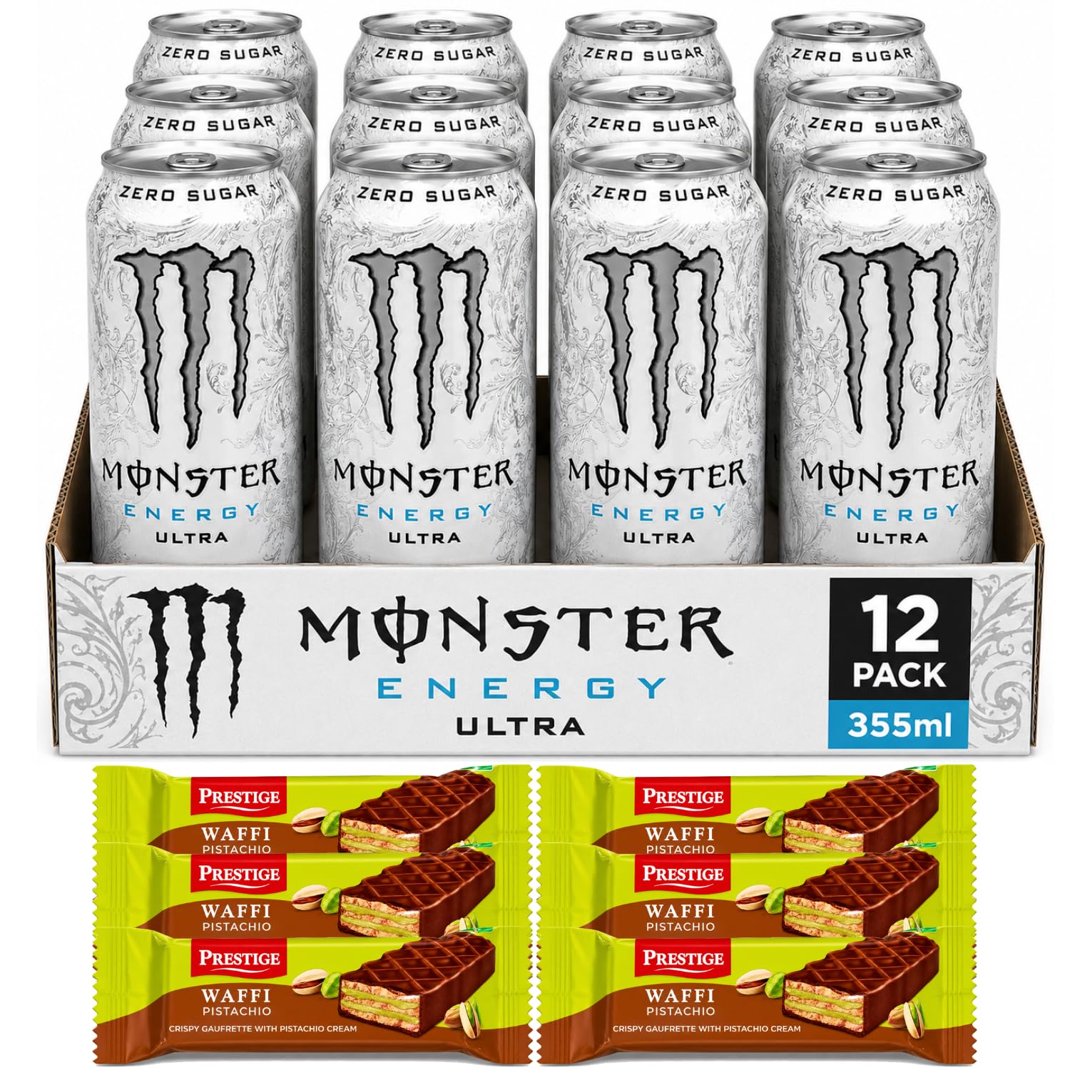 MONSTER ENERGY - Ultra Zero Sugar Energy Drink (12 x 355ml) By COUGAR | Crisp Citrus Flavoured Carbonated Energy Beverage | Refreshing Ready To Drink Cans | FREE 6 Prestige Waffi Pistachio Wafer Bars | Premium Imported Drink Combo – (Imported-VIETNAM)-image-33