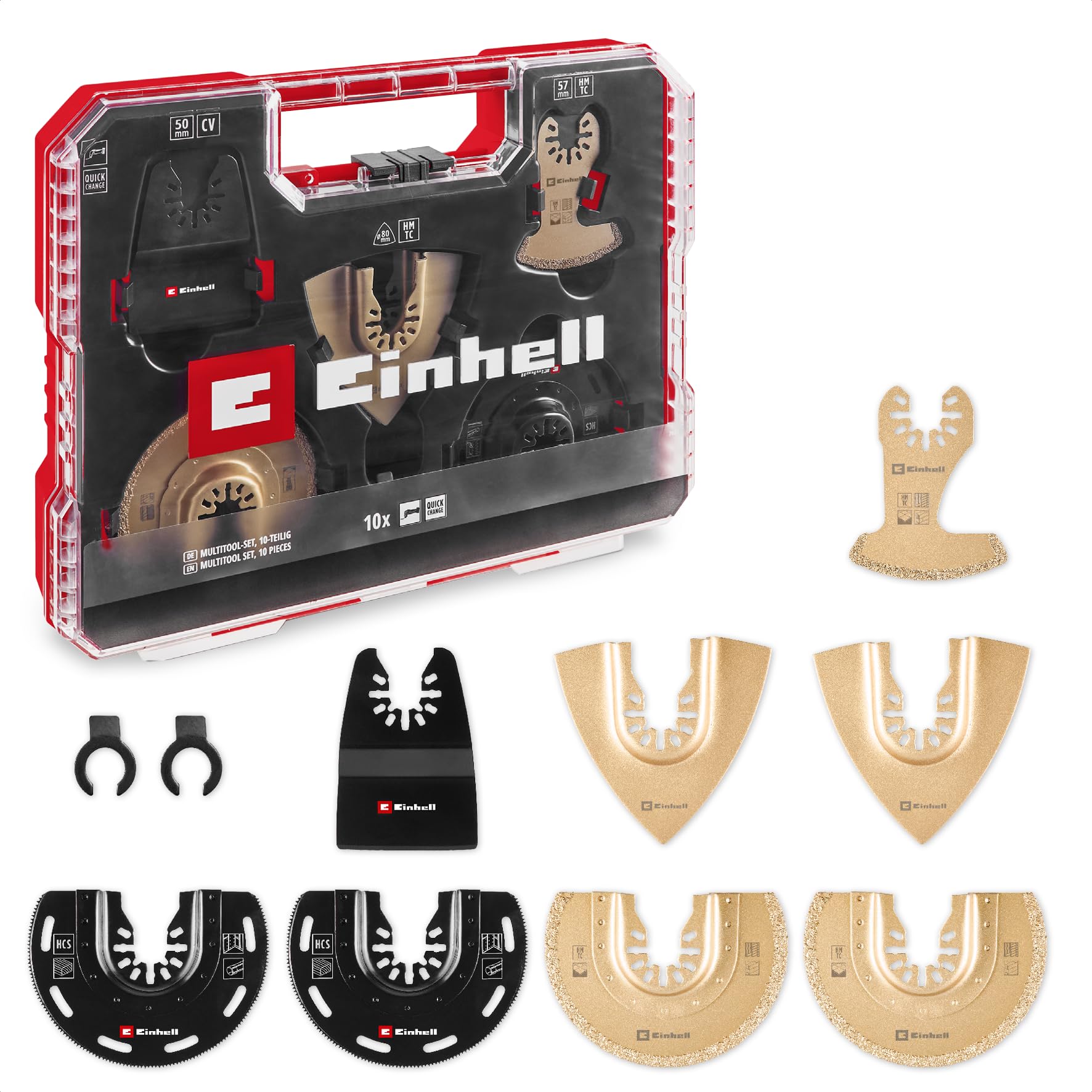 Einhell Accessories Gold/Black Original Einhell Xl-Plus-Case 10-Piece Multitool Set (Hcs Half-Round Saw Blade, Tcs Half-Round Saw Blade, Tcs Delta Rasp, Tcs Segment Saw Blade, Rigid Scraper, Dremel Adapter)