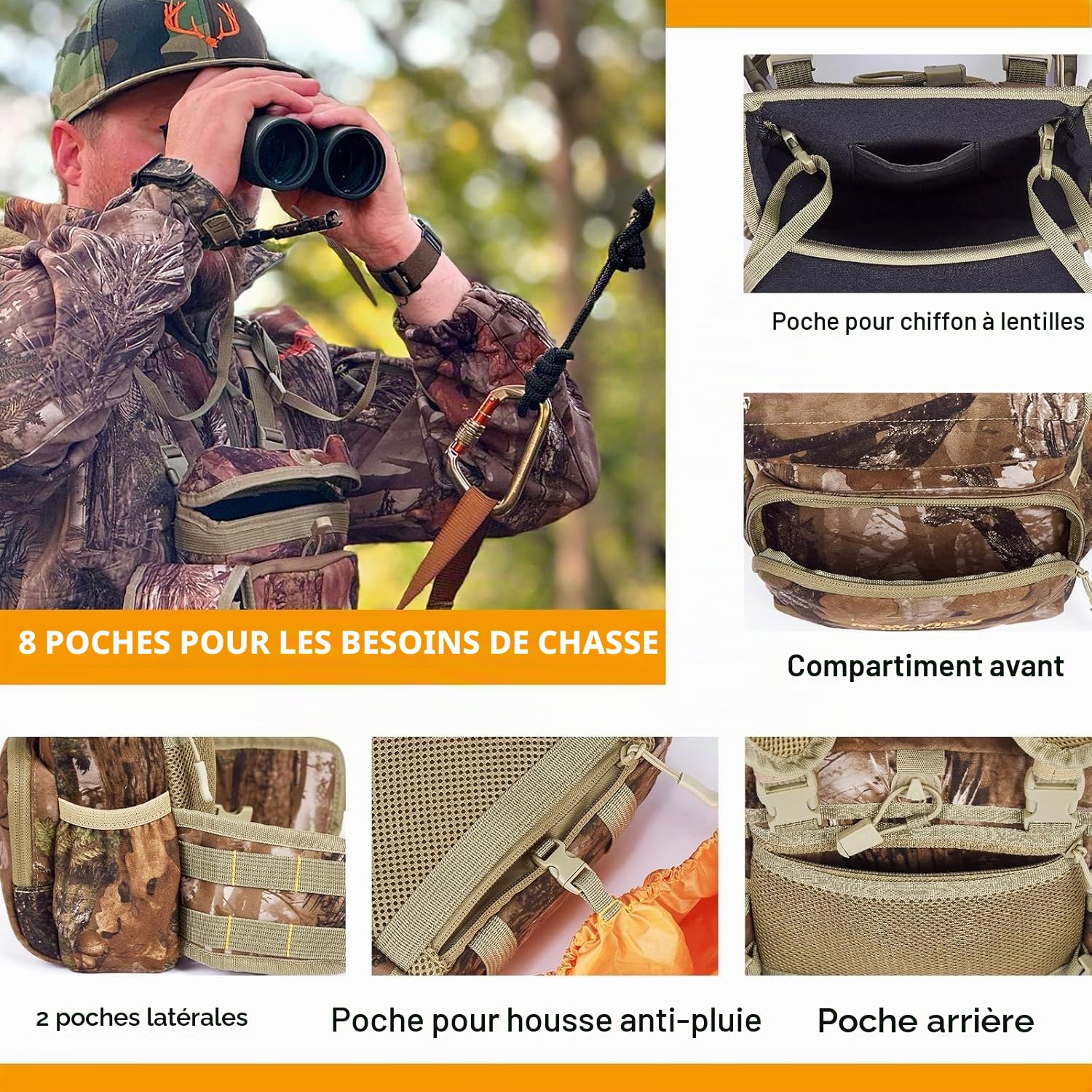 NewView Harnais jumelles avec sac de télémètre amovible, sangle réglable et housse de pluie – Idéal pour la chasse, la randonnée et l'observation des oiseaux – Quiet-M, Camouflage silencieux, M, Poche