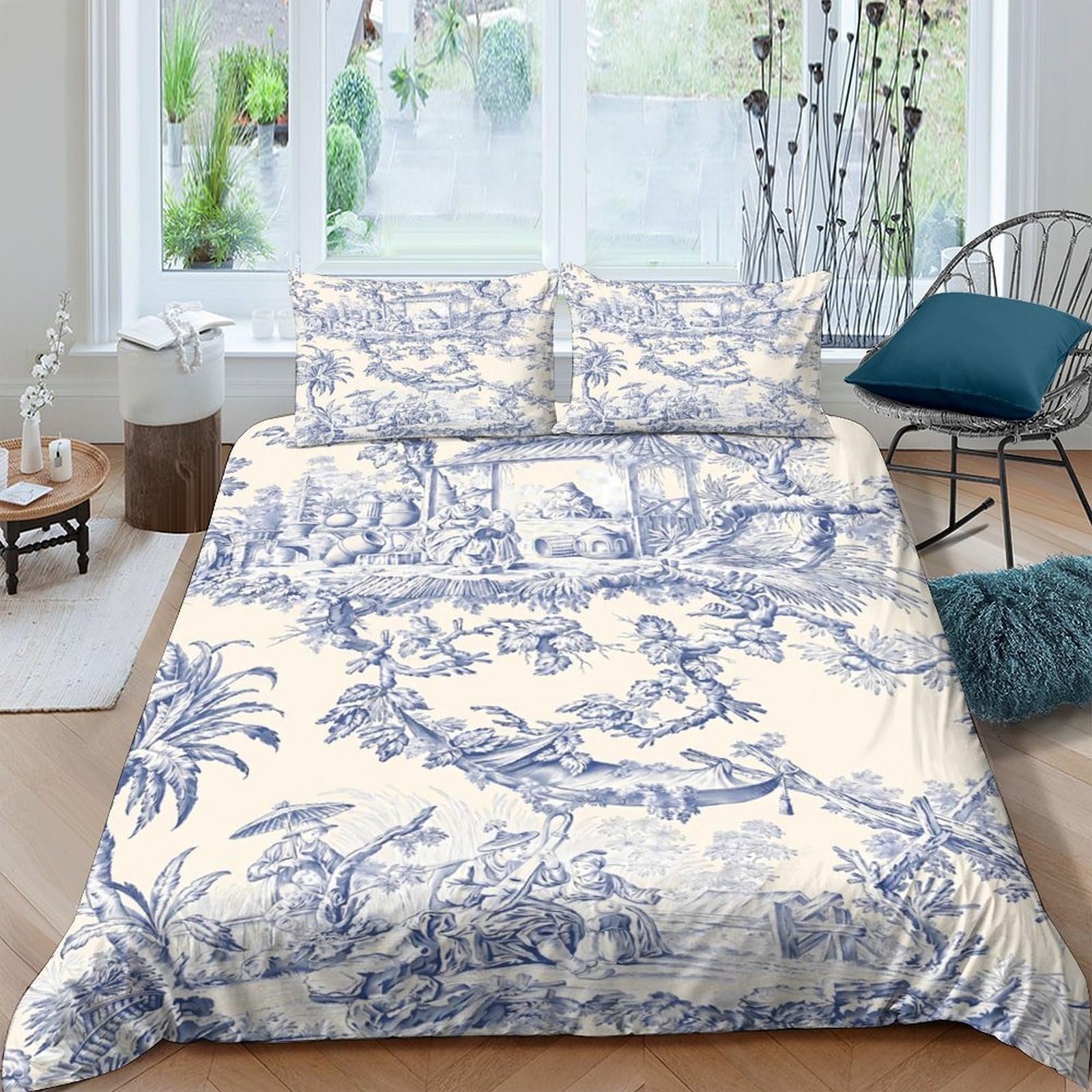 Ctjqhvkz Style-6 3D Printed Vintage Toile Fitted Sheet Microfiber Pastoral Scenery Bed Cover Washable Anti-Slip Decor For Bedroom Guest Room Single（135X200cm）