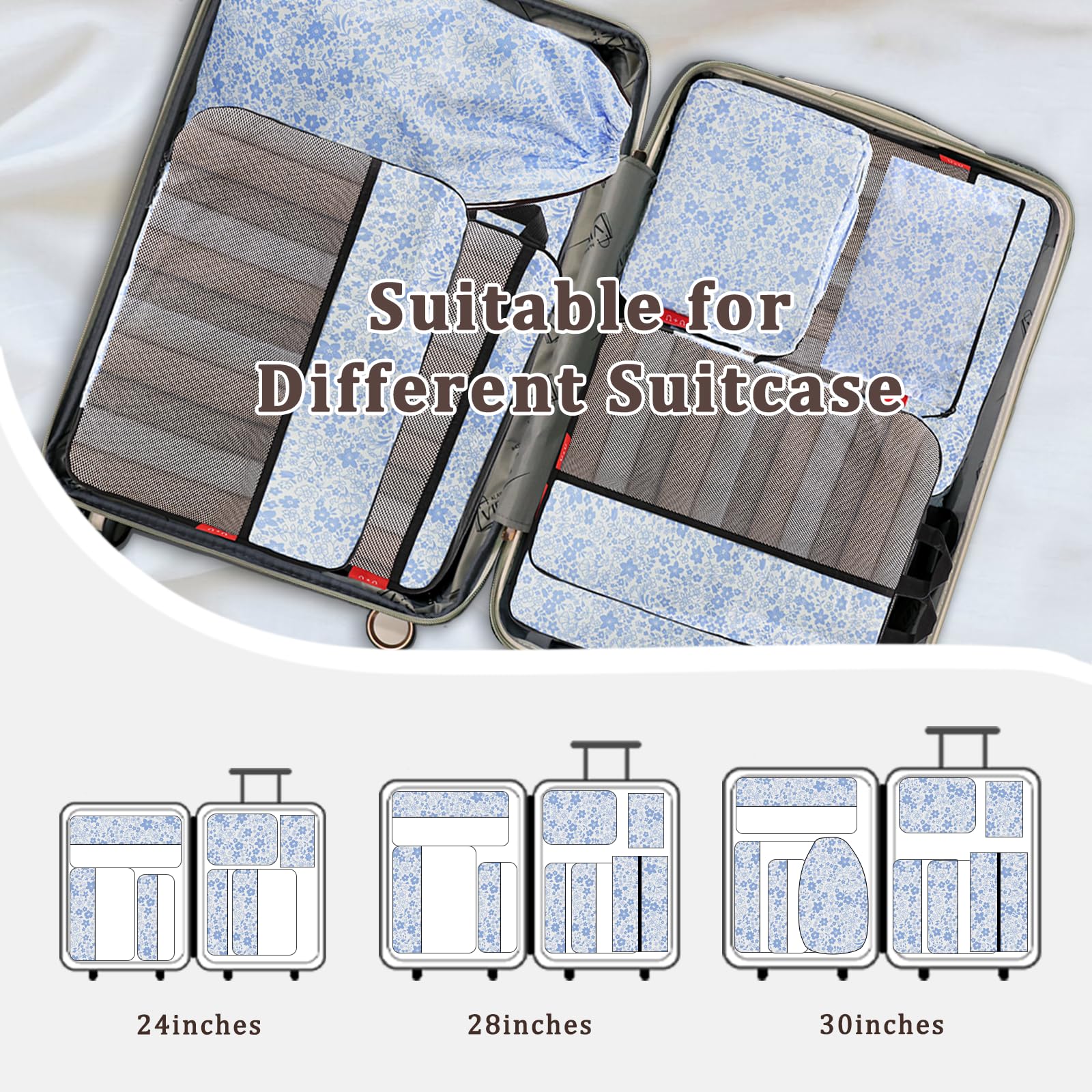 U+U Set di 10 cubi per imballaggio a compressione, organizer da viaggio (fiore blu) | Set da viaggio completo salvaspazio