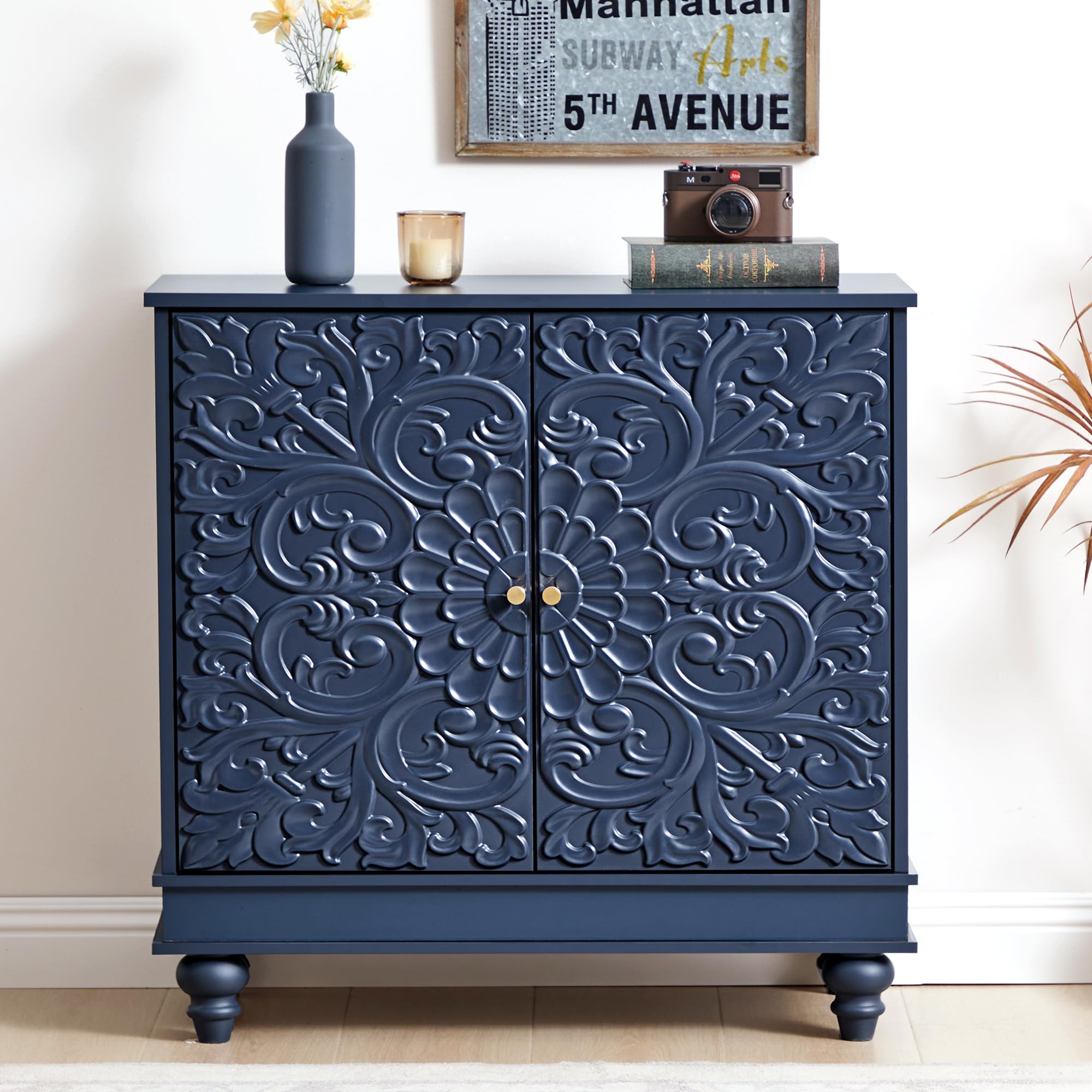 31" Accent Storage Cabinet, Floral Embossed 2 Door Sideboard, Midnight Blue