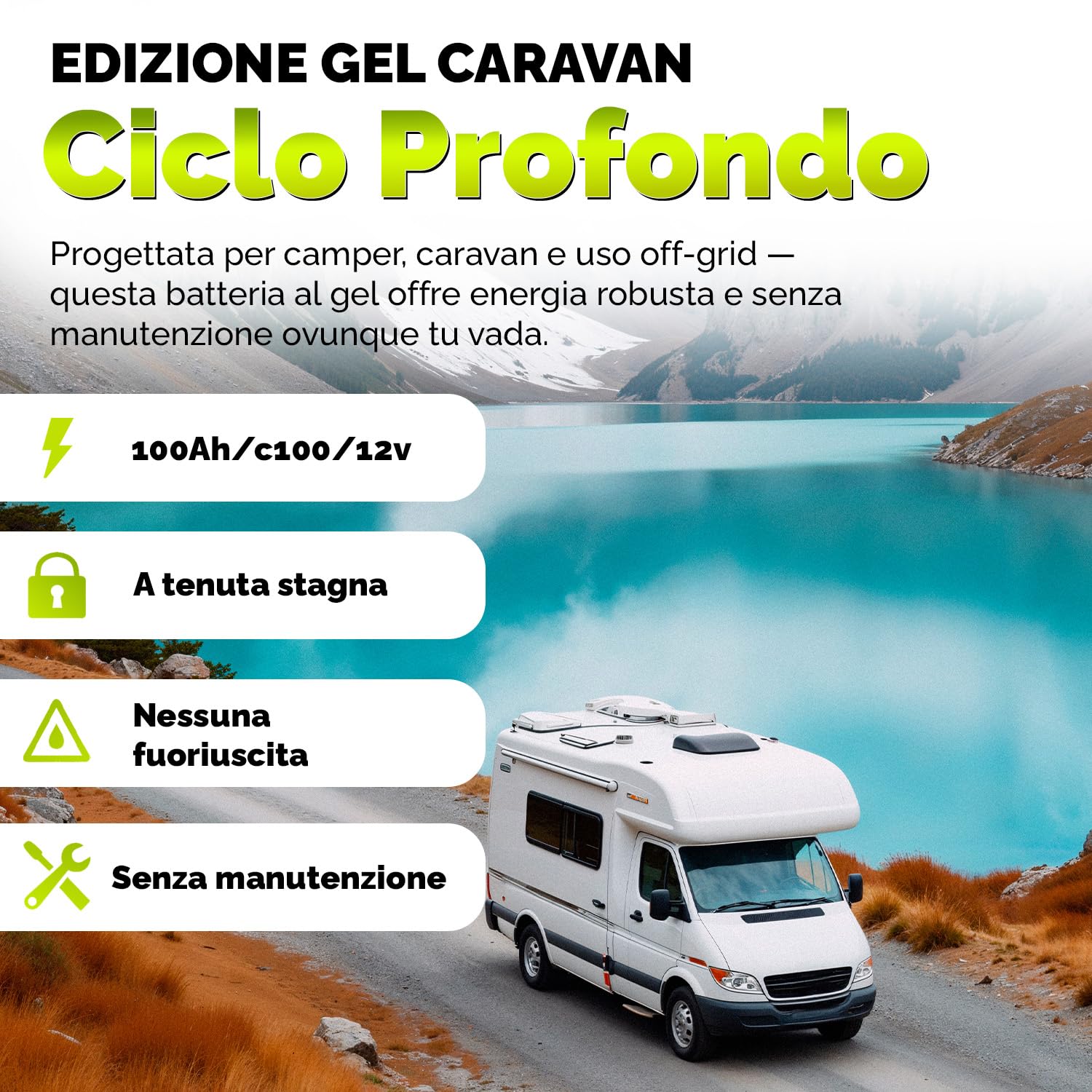 Batteria GEL 12V 100Ah Ciclo Profondo – Batteria Senza Manutenzione per Camper, Caravan, Barca, Casetta da Giardino, Sistemi Solari Off-Grid – Electronicx Caravan Edition
