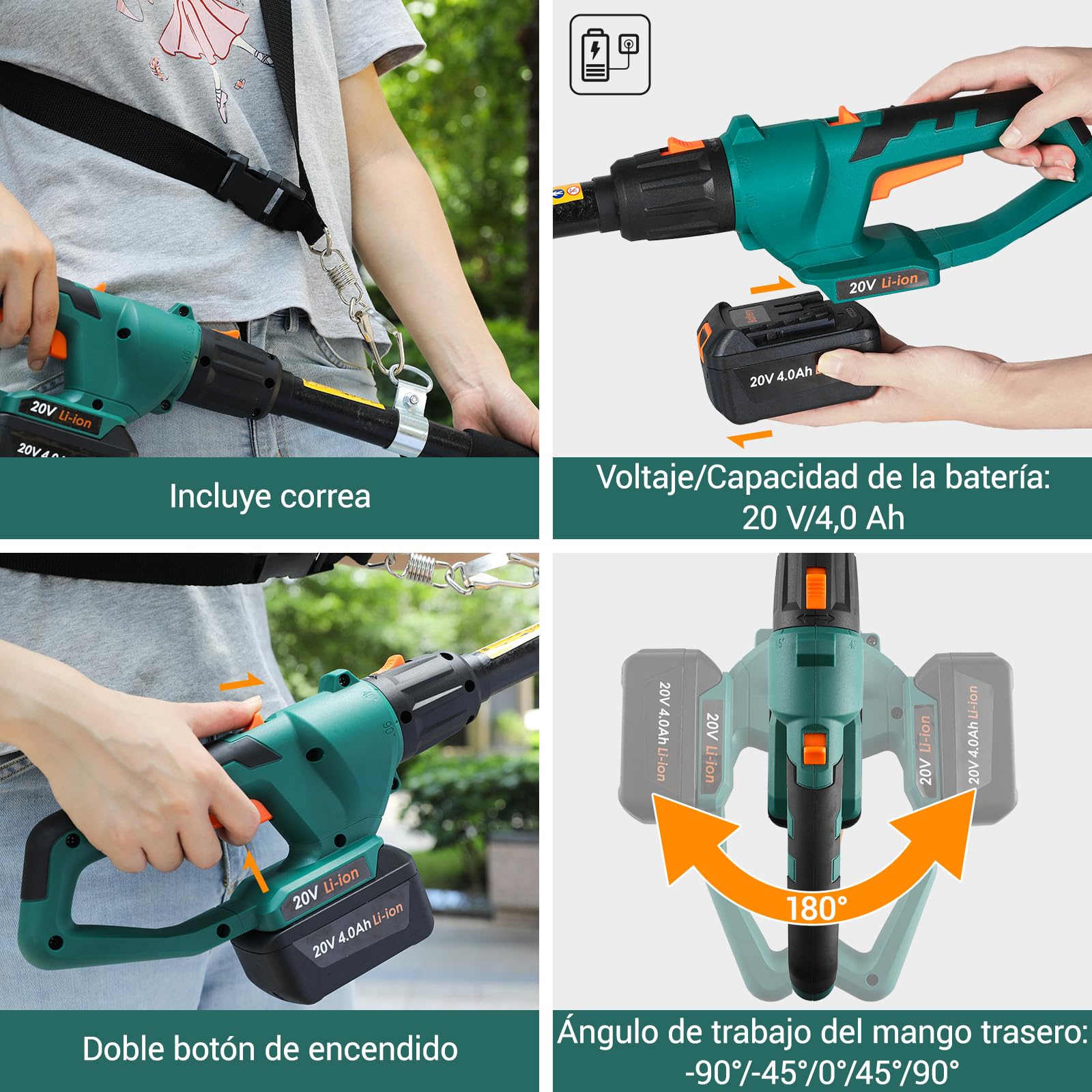Cortasetos telescópico inalámbrico, Cortasetos inalámbrico, con batería/Cargador de Iones de Litio de 20 V y 4,0 Ah, Longitud de Hoja de 45 cm, Mango Principal Giratorio, Engranaje de Metal