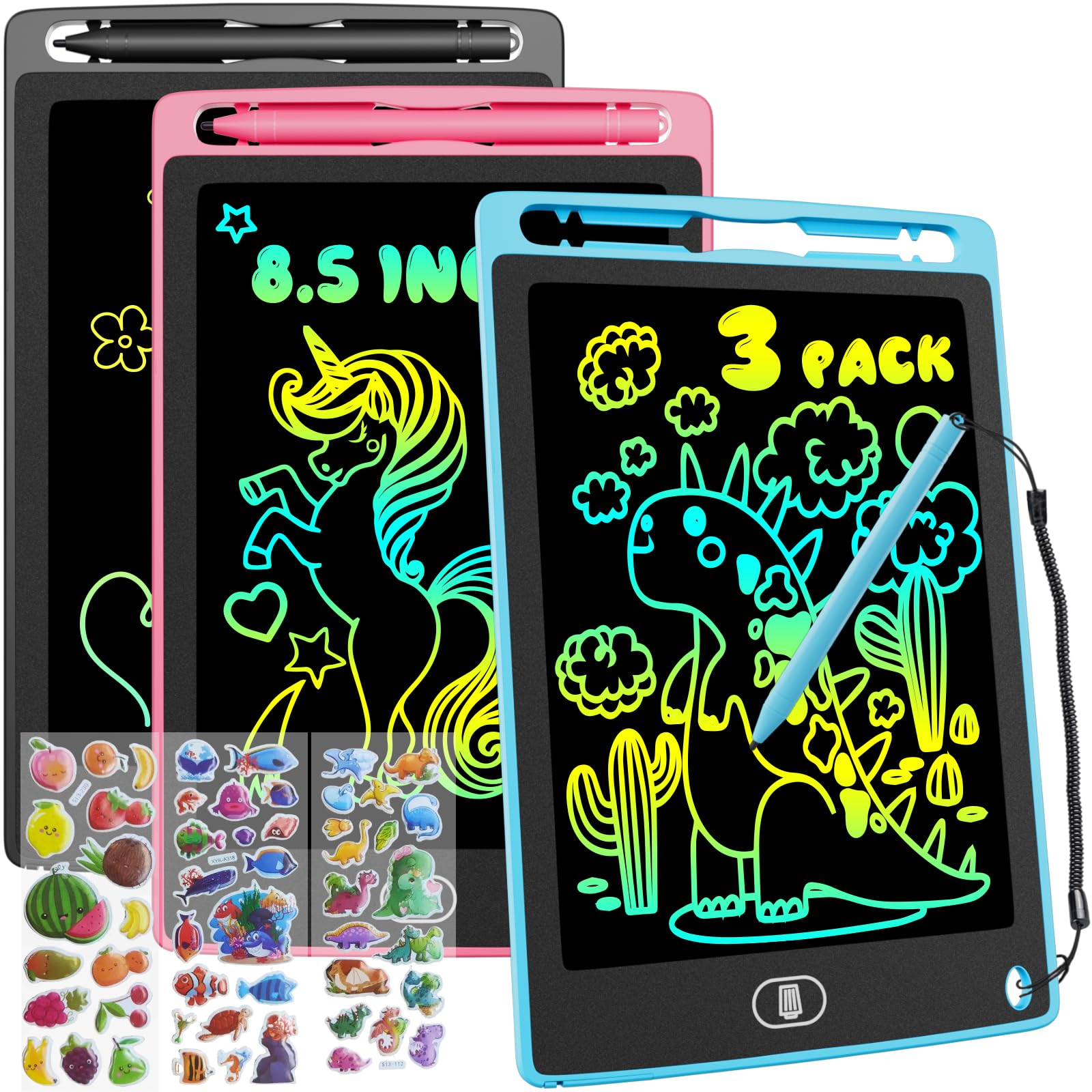 3 Pack 8.5 Inch LCD Drawing Tablet for Kids, Electight Colorful Writing Board Kids Toys Gifts Learning Educational Toys for 2 3 4 5 6 7 Year Old Boys Girls Black Pink Blue