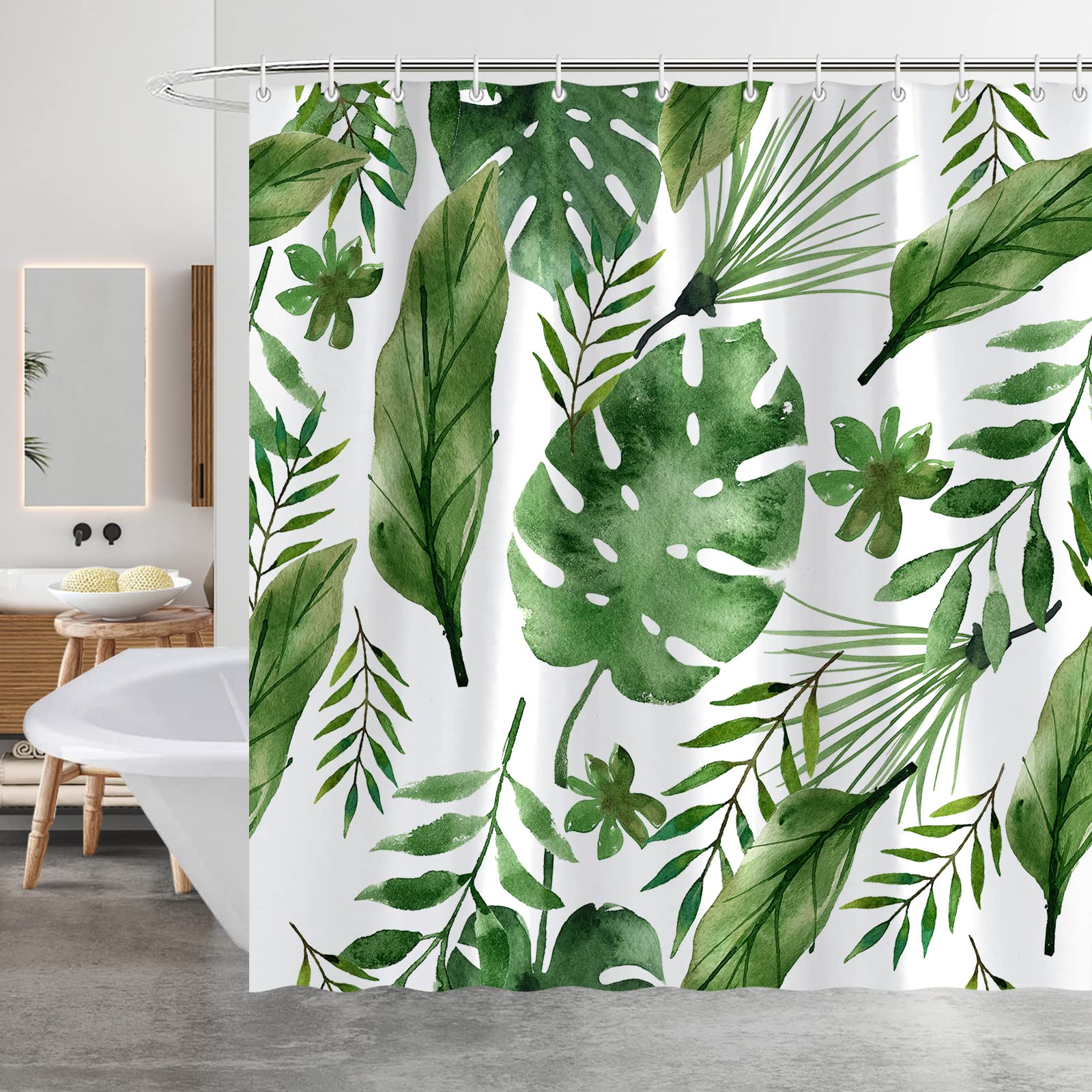 Minicoco Tropical Rain Forest Shower Curtain Mould Proof Mildew Resistant Bathroom Shower Curtains Waterproof Shower Curtain 100% Polyester Green Shower Curtains With 12 Hooks, 180 X 180 Cm (Tropical Rain Forest)