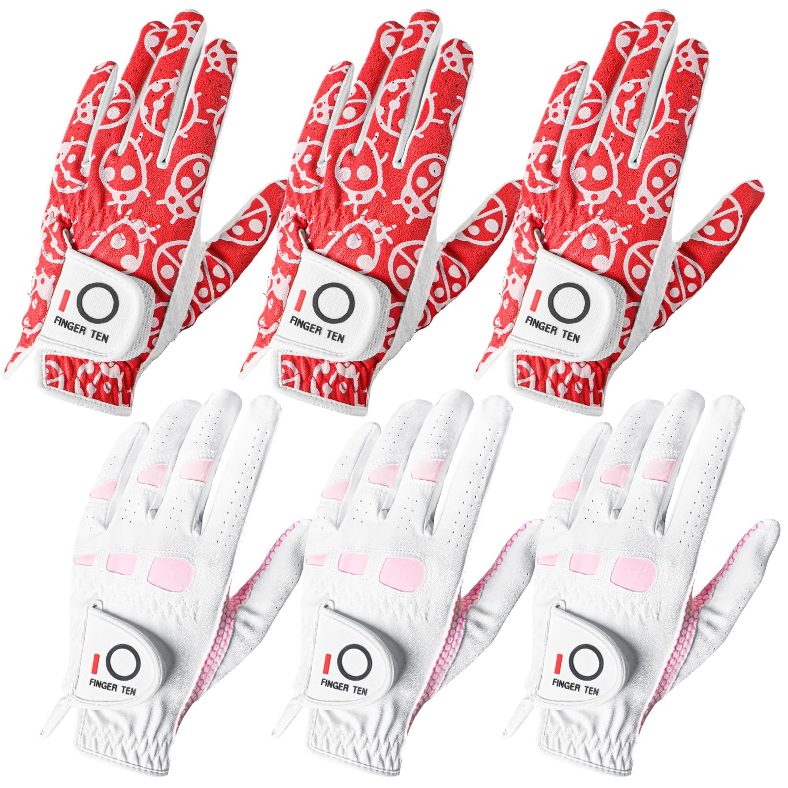 FINGER TEN Women’s Golf Gloves Ladies Left Hand Right Handed Golfer Value 6 Pack, All Weather Rain Grip Glove Pink Fit Small Medium Large XL (3 Red&3