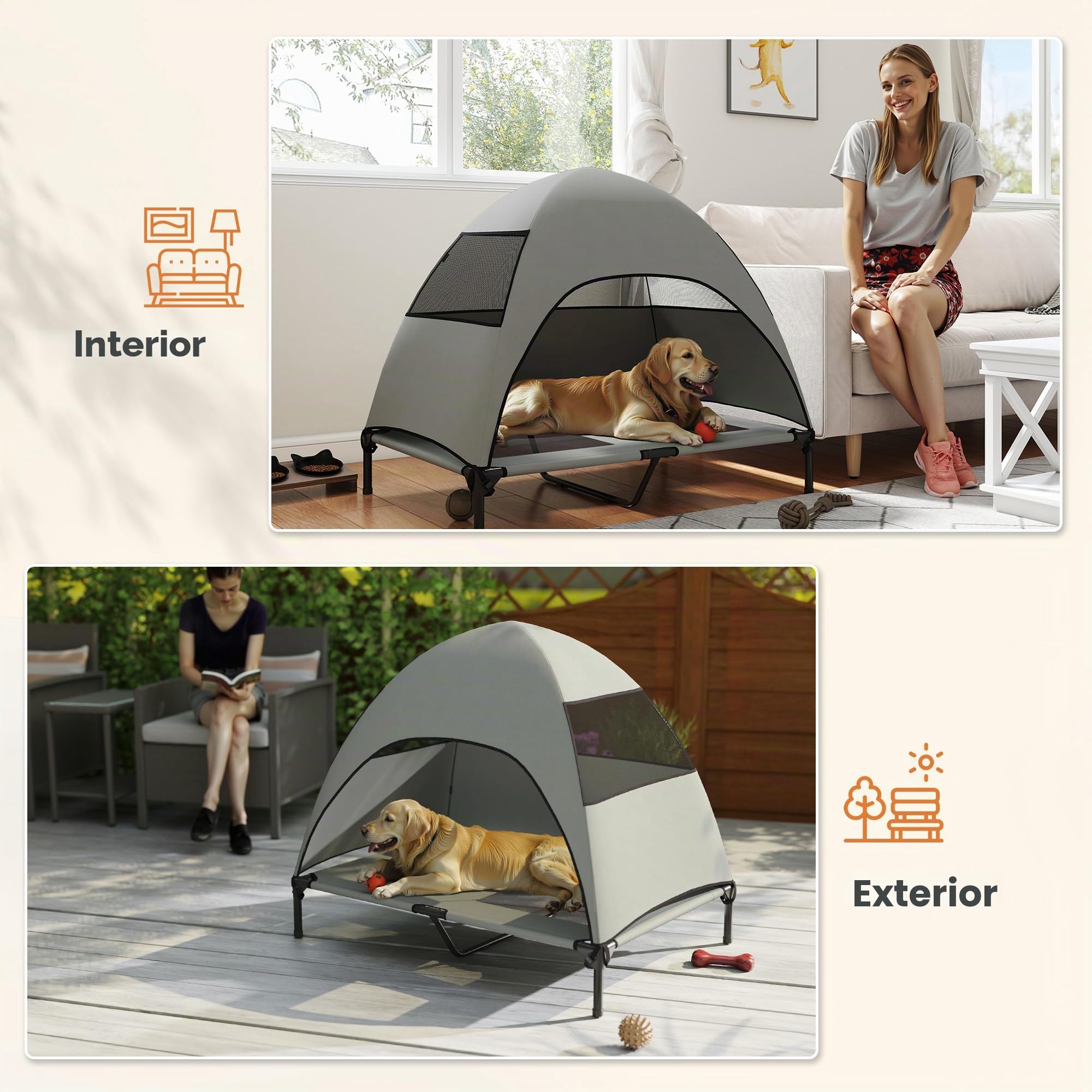 PawHut Tumbona para perros para exteriores con techo, cama elevada para perros grandes, cama para mascotas con marco de acero de malla lavable, bolsa de transporte, cama para mascotas para exteriores