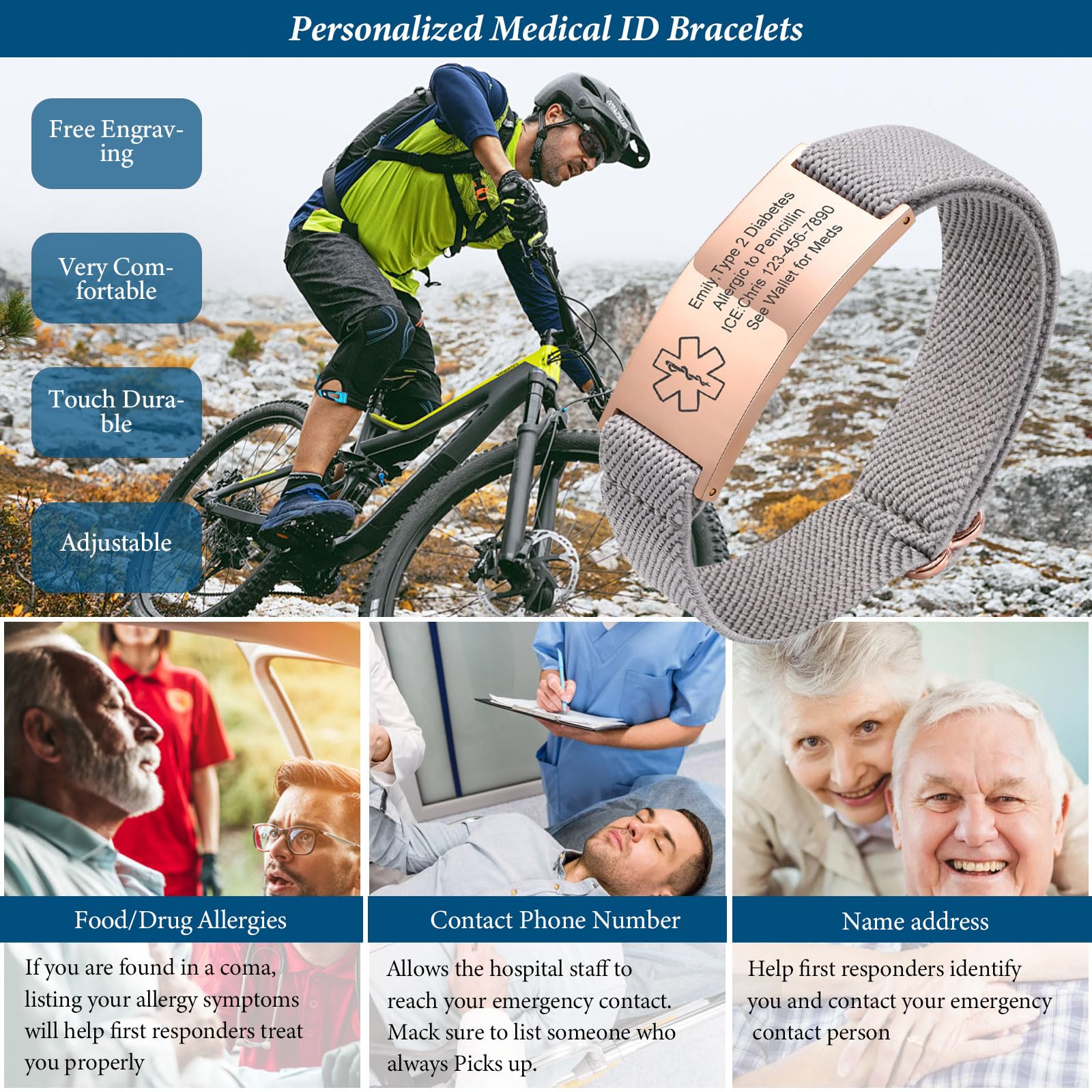 VNOX Medical Alert Id Bracelet for Men Women, Custom Engraving Medical Alert Bracelets for Women Men