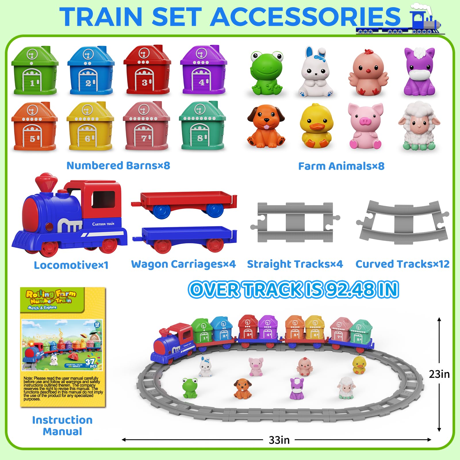 Juego de trenes para niños pequeños de 1, 2, 3, 4 años, juego de tren eléctrico Montessori con actividades de conteo de emparejamiento y clasificación con animales de granja, marionetas de dedo 6