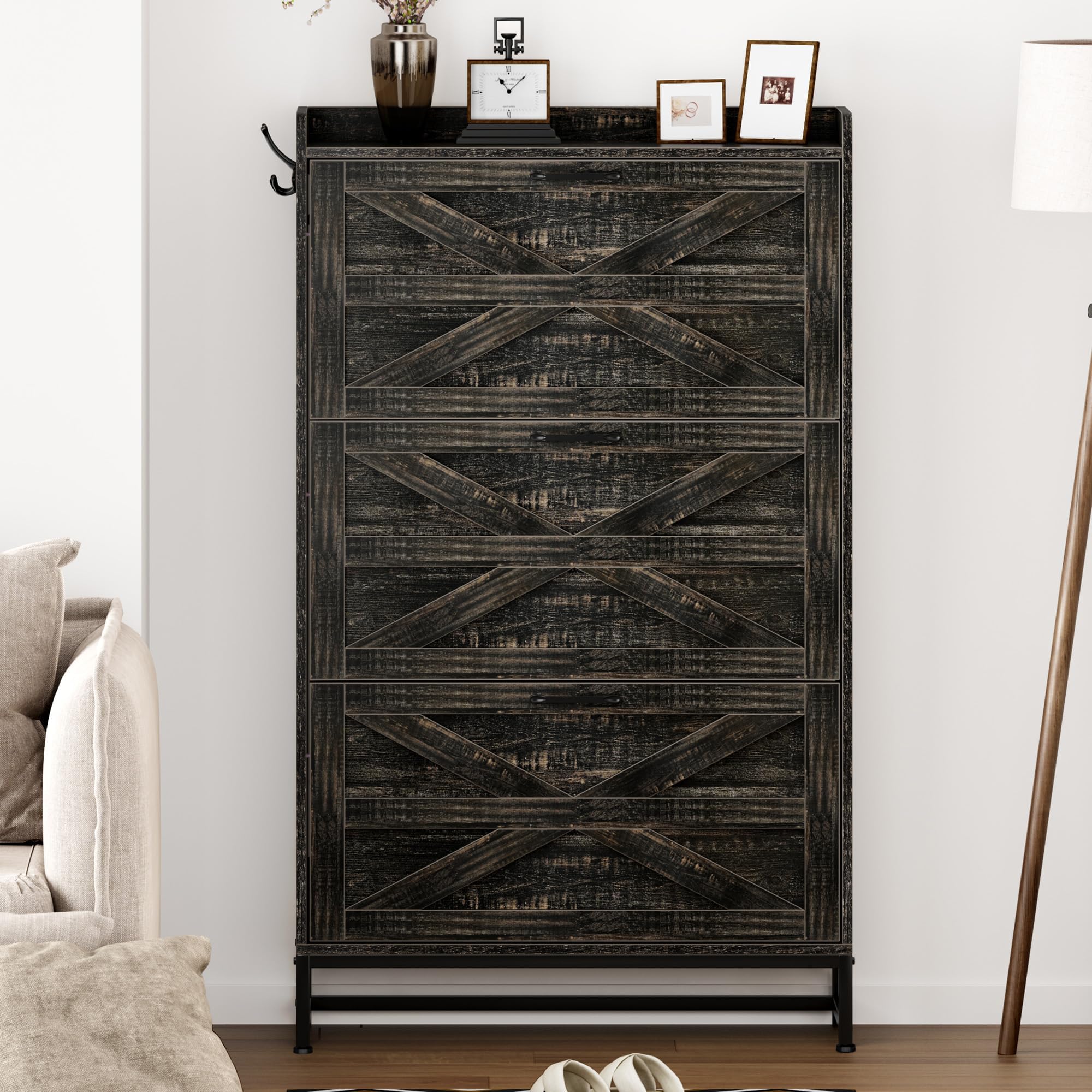 Narrow Shoe Cabinet with Wall Mount: Space-Saving Entryway Storage for Renters & Small Apartments - Rustic Brown Flip-Down Organizer with Adjustable Legs & Hooks