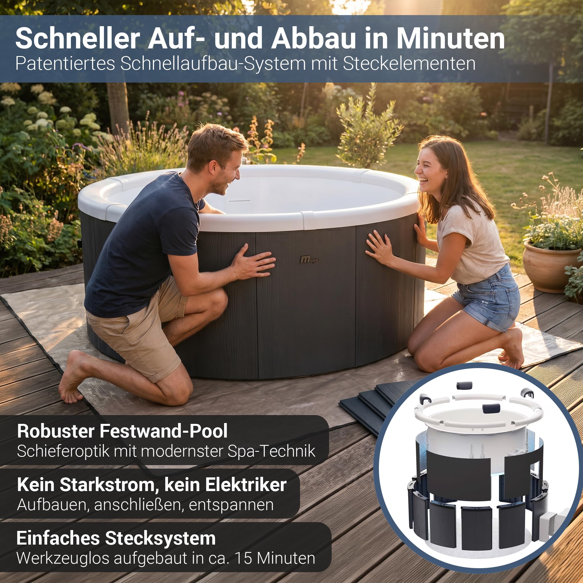Miweba Whirlpool MSpa Denver mit Fester Außenwand | 6 Personen Spa Ø182x70cm | RGB LED-Beleuchtung | App Steuerung | 130 Massagedüsen | Ganzjähriger Einsatz Winterfest | In & Outdoor Pool | Gartenpool