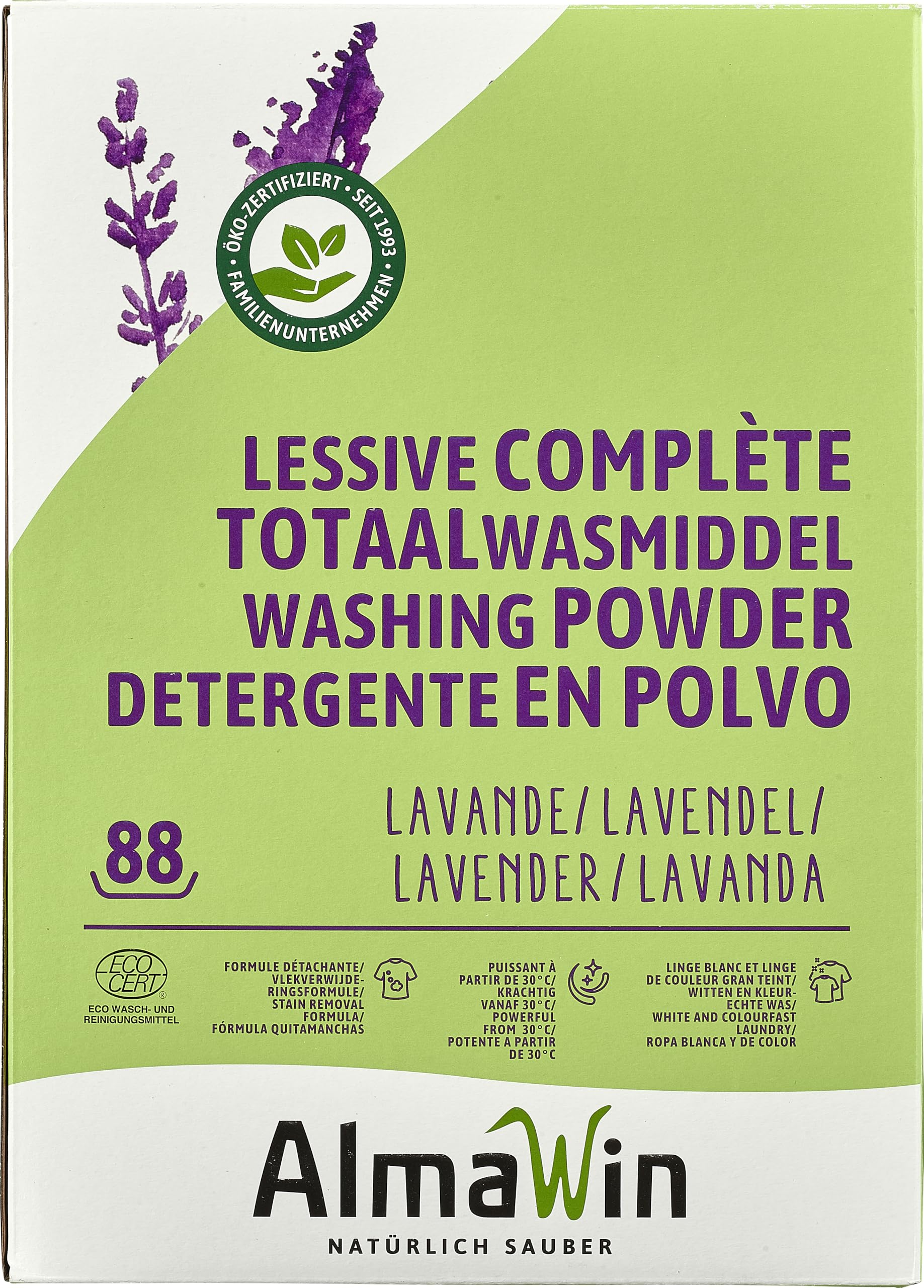 AlmaWin® Vollwaschmittel Pulver [4,6kg - 88 Ladungen] mit Lavendel-Duft für strahlende Reinheit - Waschmittel Pulver für alle weißen & farbechten Textilien [30-95°C] - Veganes Voll-Waschpulver