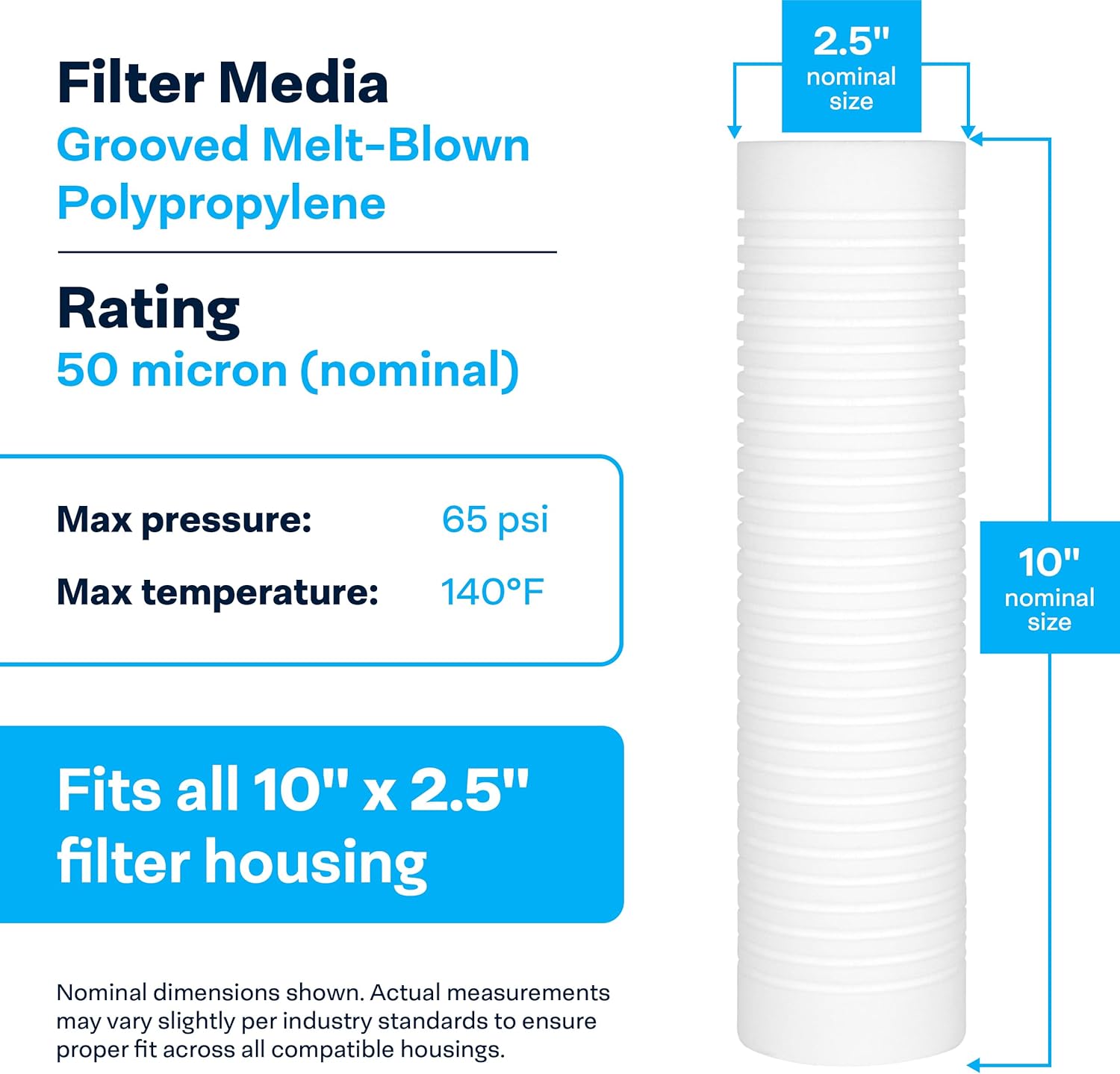 SpiroPure SP-AP124 10x2.5 50 Micron Grooved Melt-Blown Polypropylene Sediment Water Filter Cartridge AP124 (Case of 24)